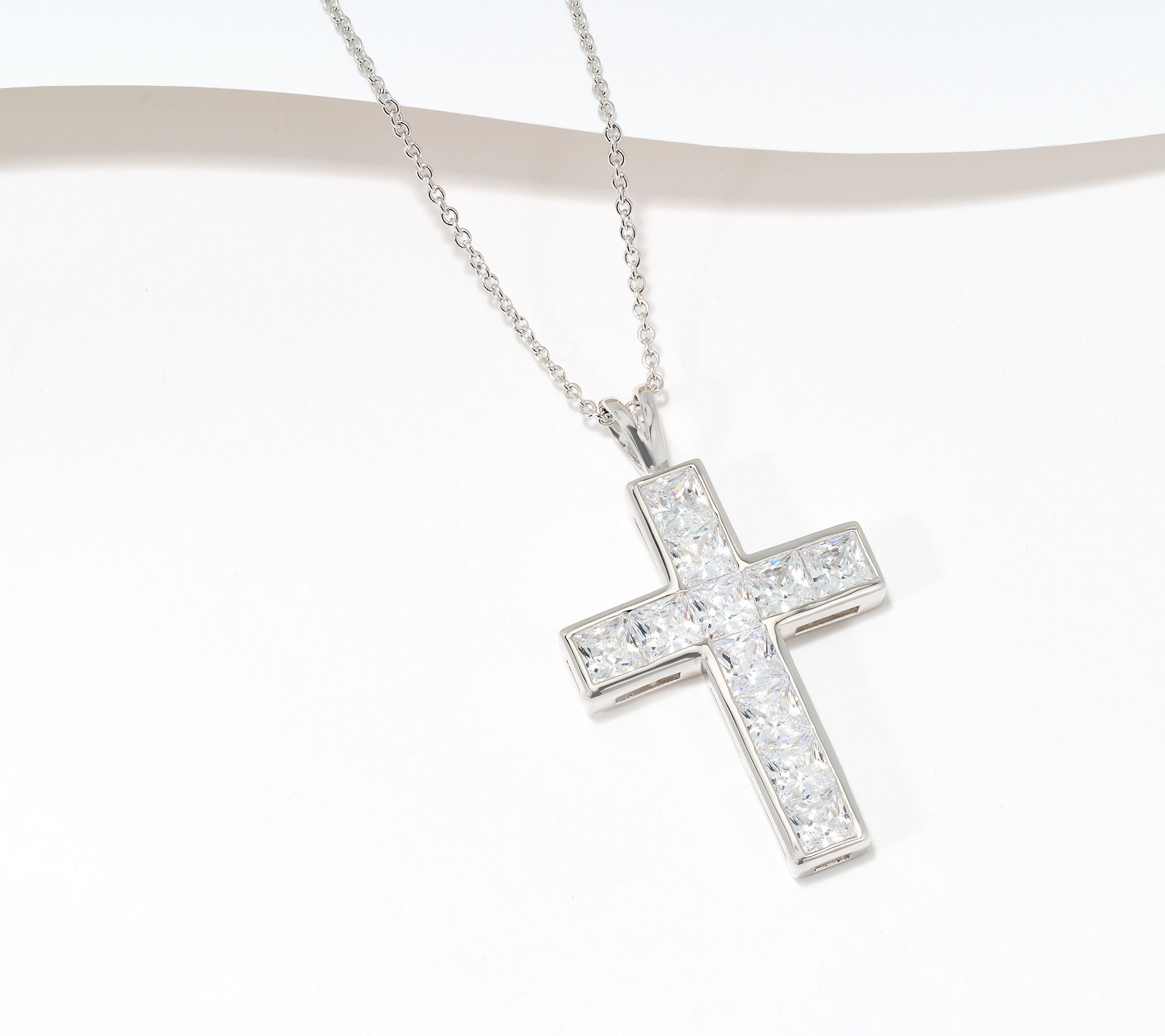 Diamonique Princess Channel Set Cross Necklace, Sterling Silver