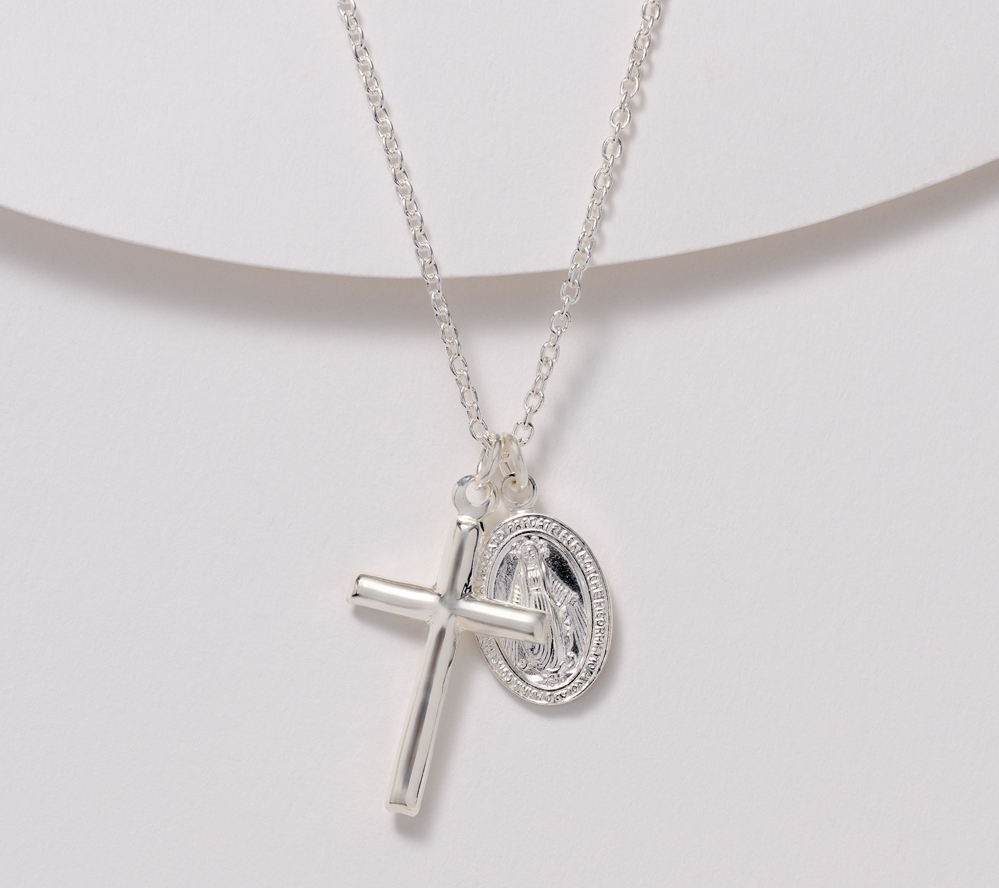 Ultrafine 950 Silver Cross & Miraculous Medal Pendant Necklace