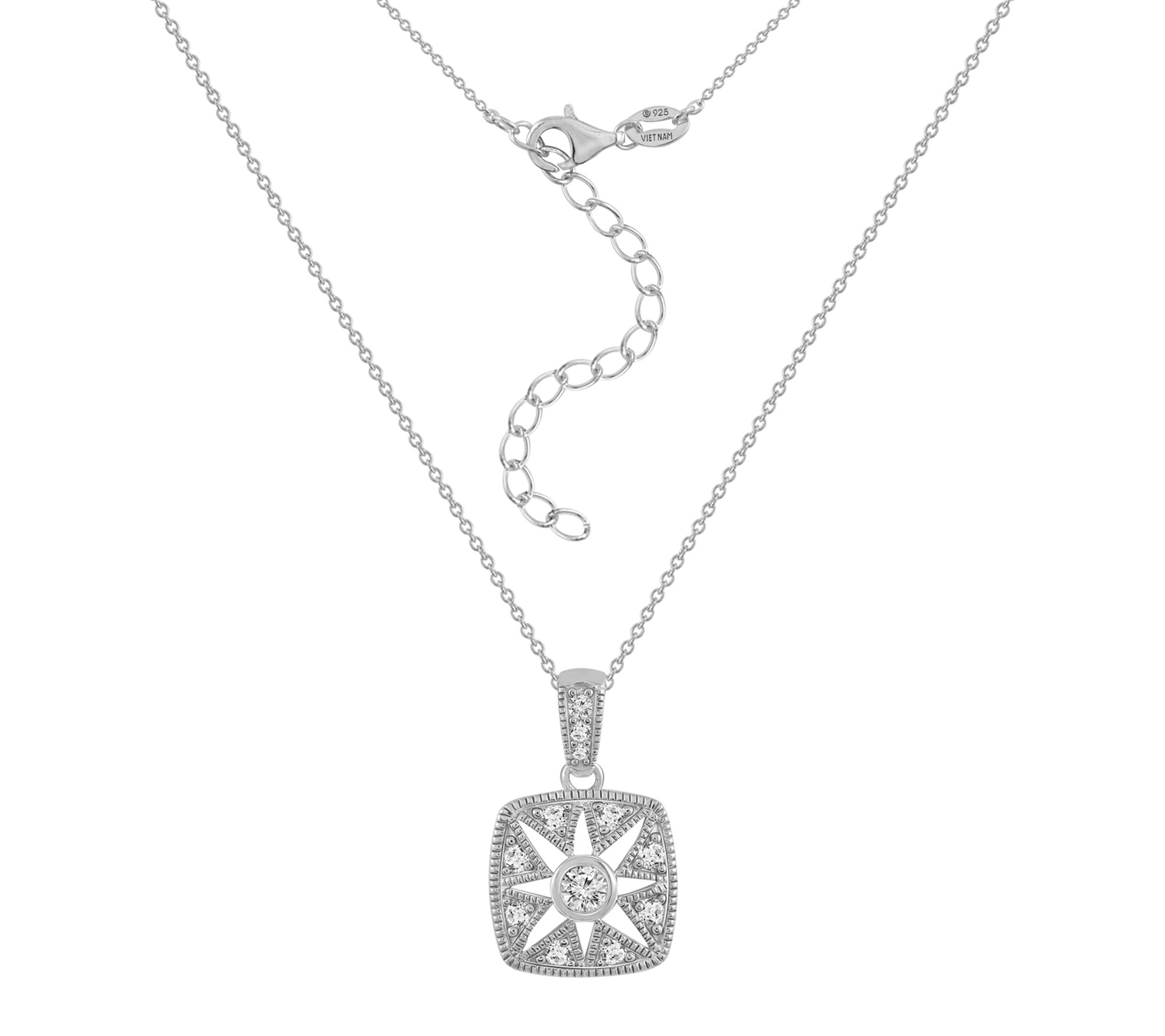Diamonique Antique Pendant w/ Chain, Sterling Silver