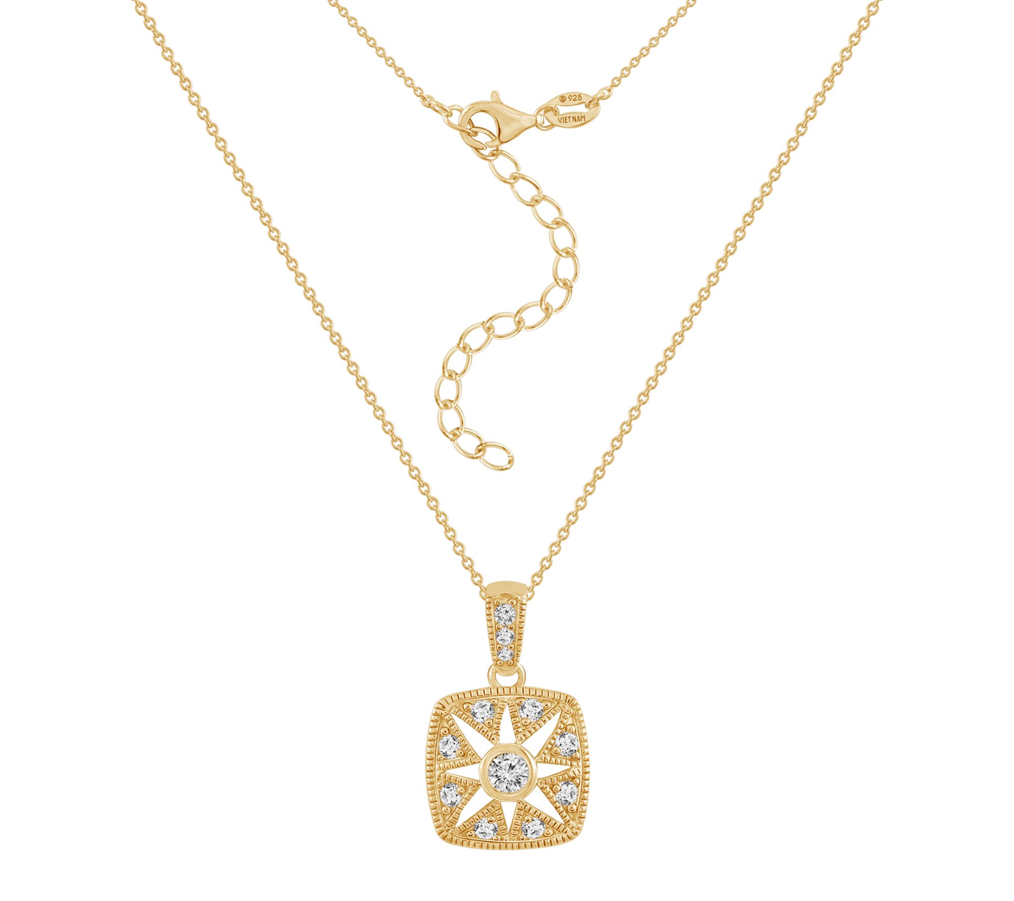 Diamonique Antique Pendant w/ Chain, Sterling Silver