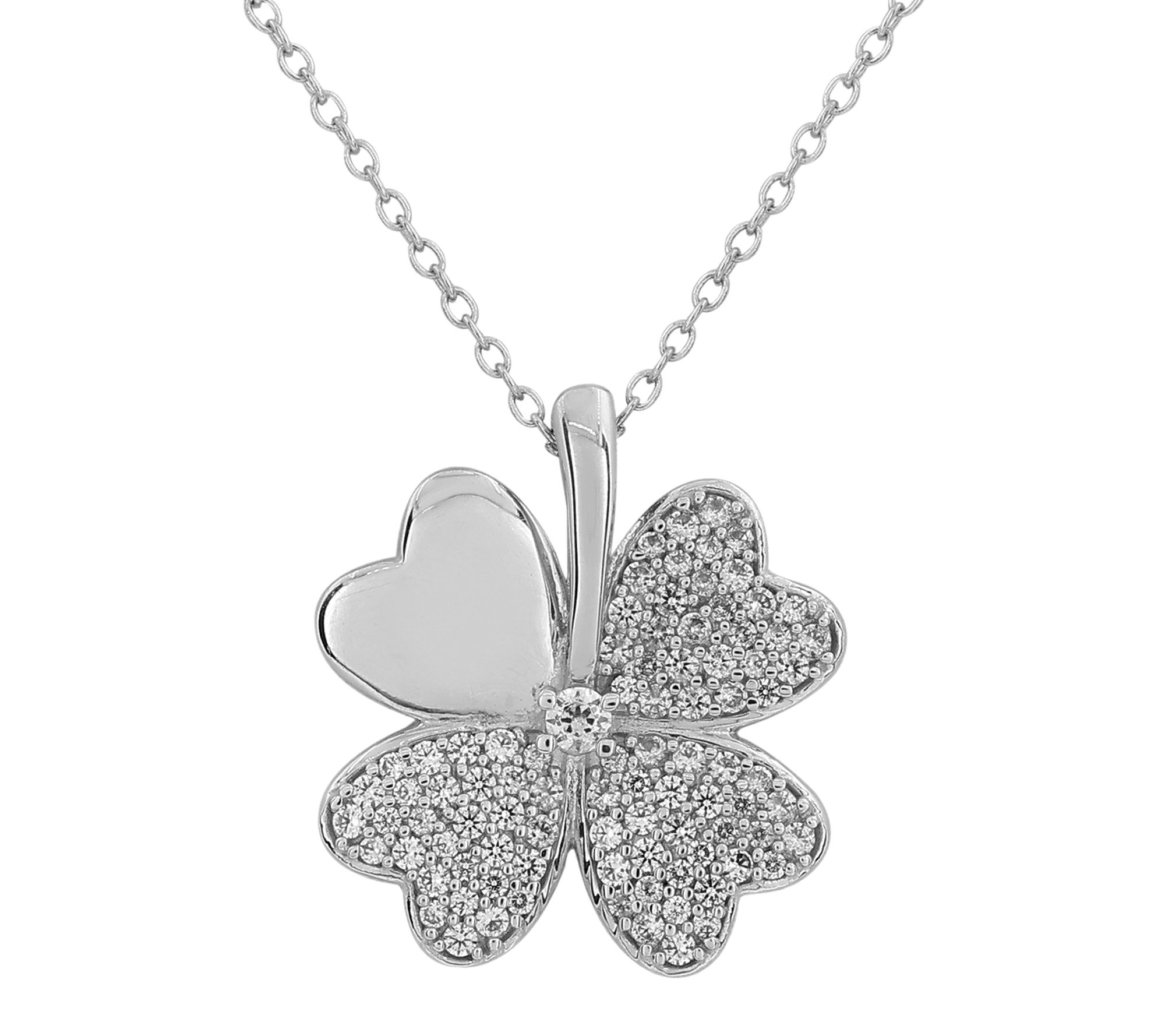 Diamonique Pave Clover Pendant w/ Chain, Ster ling Silver