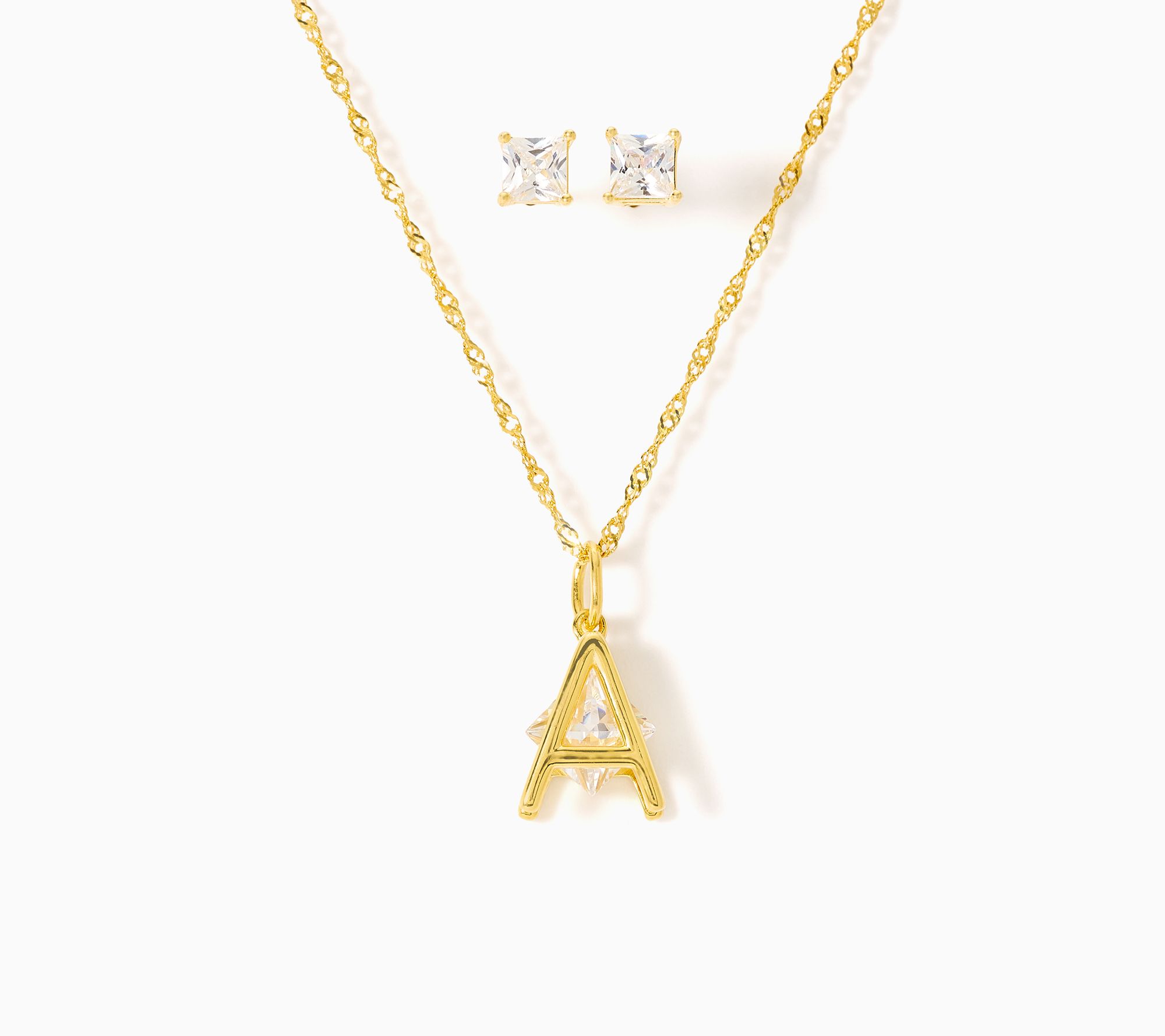 Diamonique Initial Necklace & Earrings Set, 14L Plated