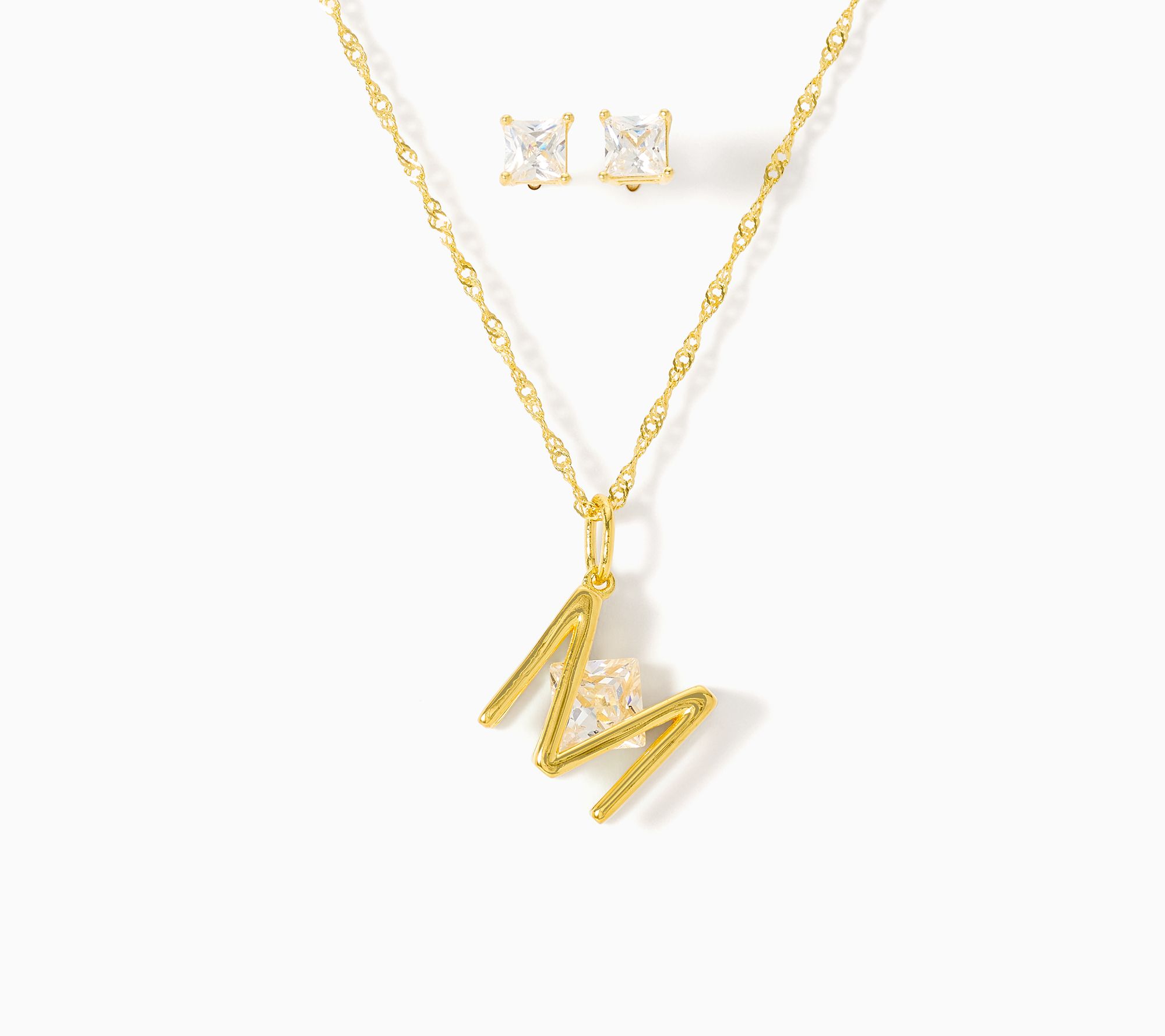 Diamonique Initial Necklace & Earrings Set, 14L Plated