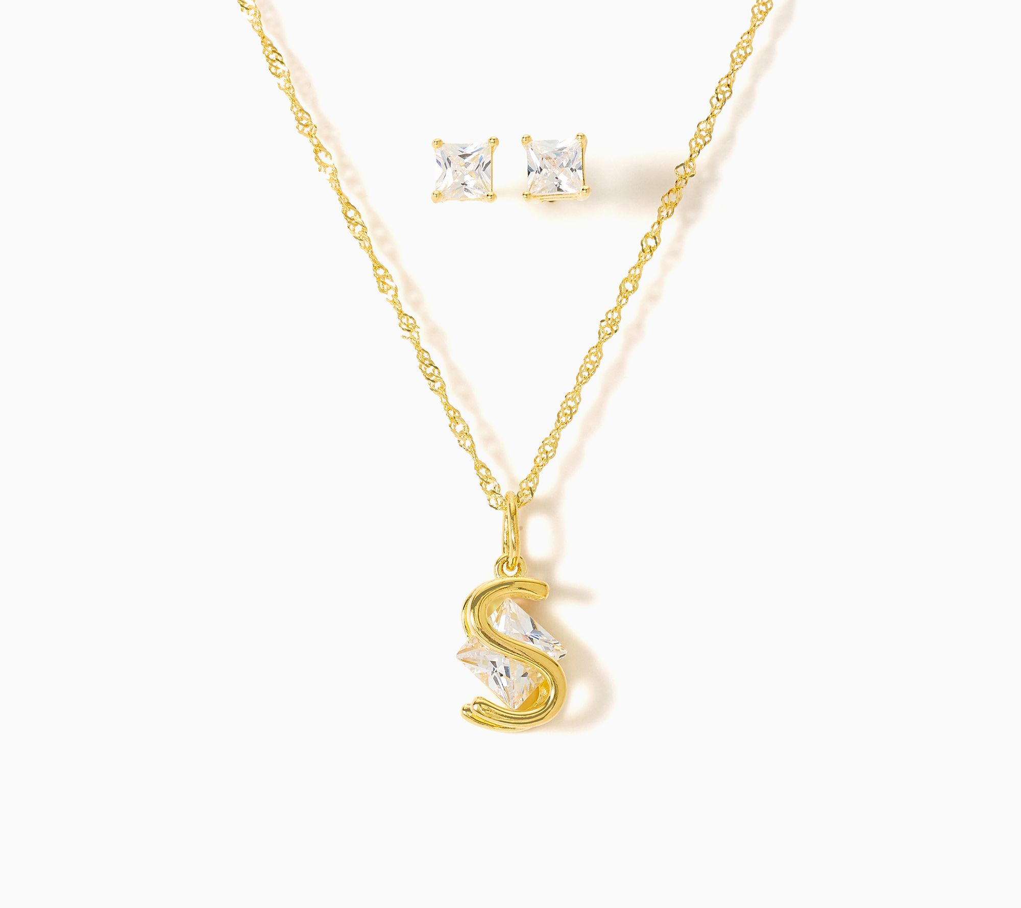 Diamonique Initial Necklace & Earrings Set, 14K Plated