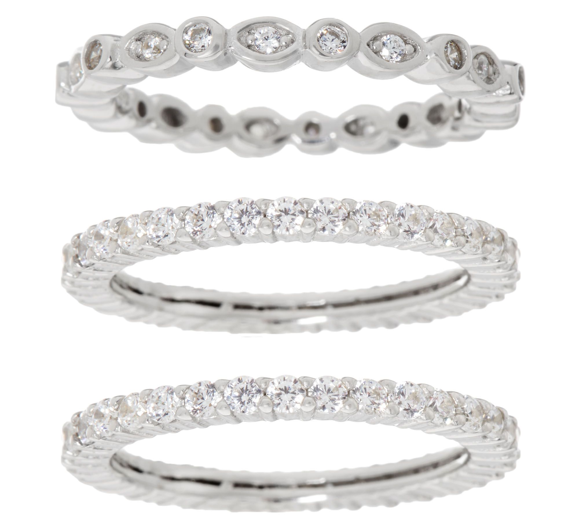 Women's Cubic Zirconia Band-small Rope Band And Med Bead Band Silver Plated Stack  Ring Set : Target