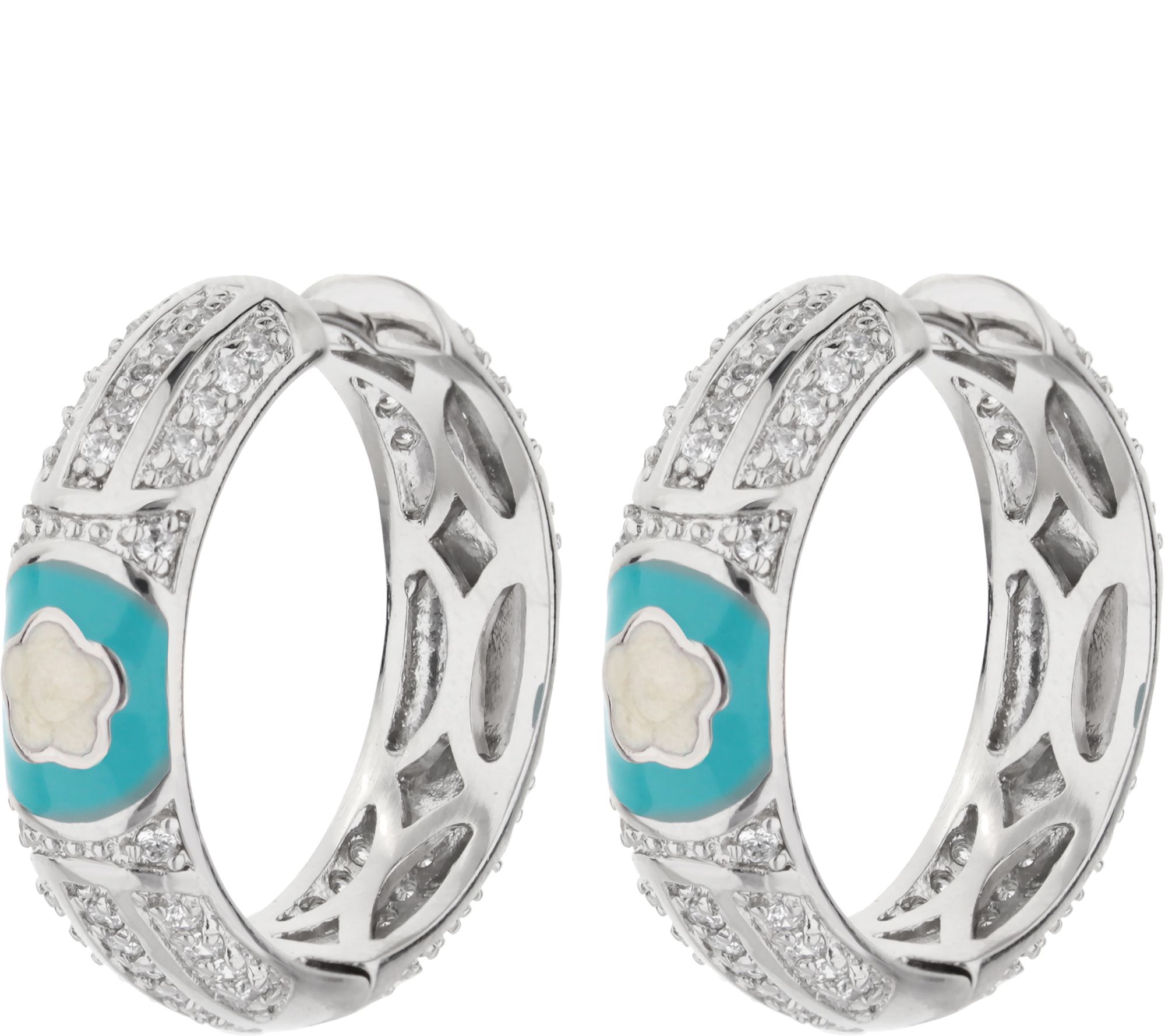 Lauren G Adams Silvertone Enamel Floral 1-1/8"Hoop Earrings