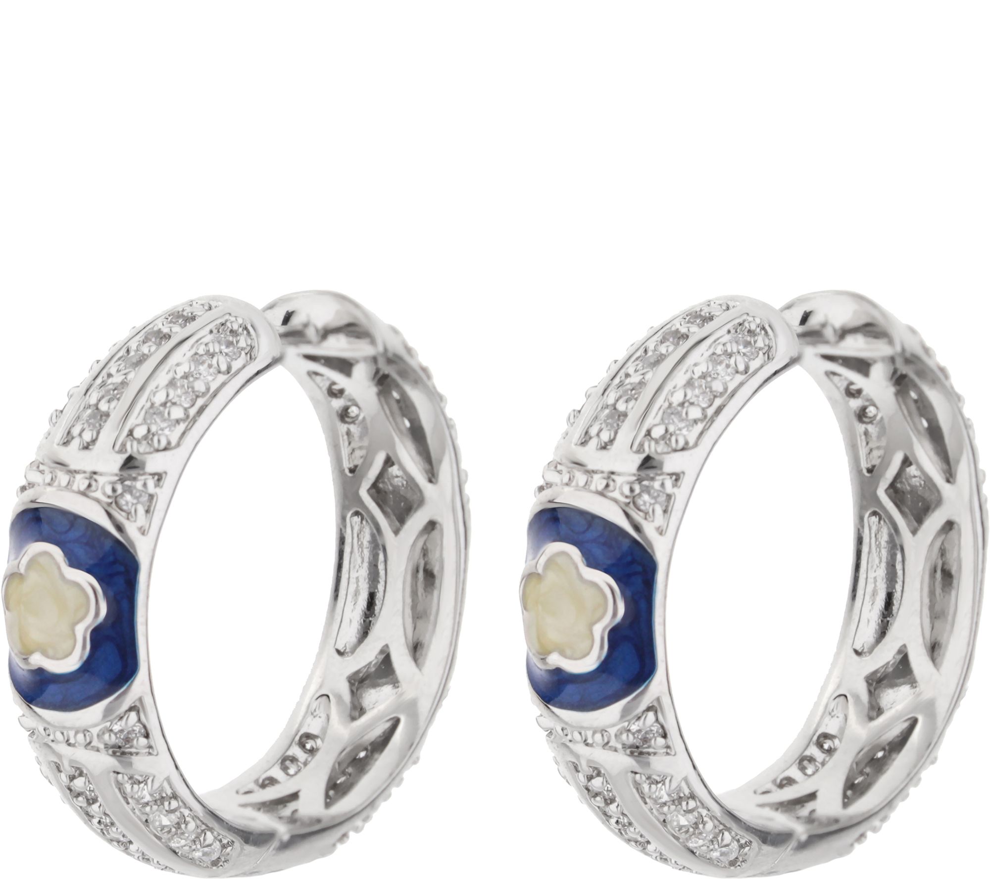 Lauren G Adams Silvertone Enamel Floral 1-1/8"Hoop Earrings