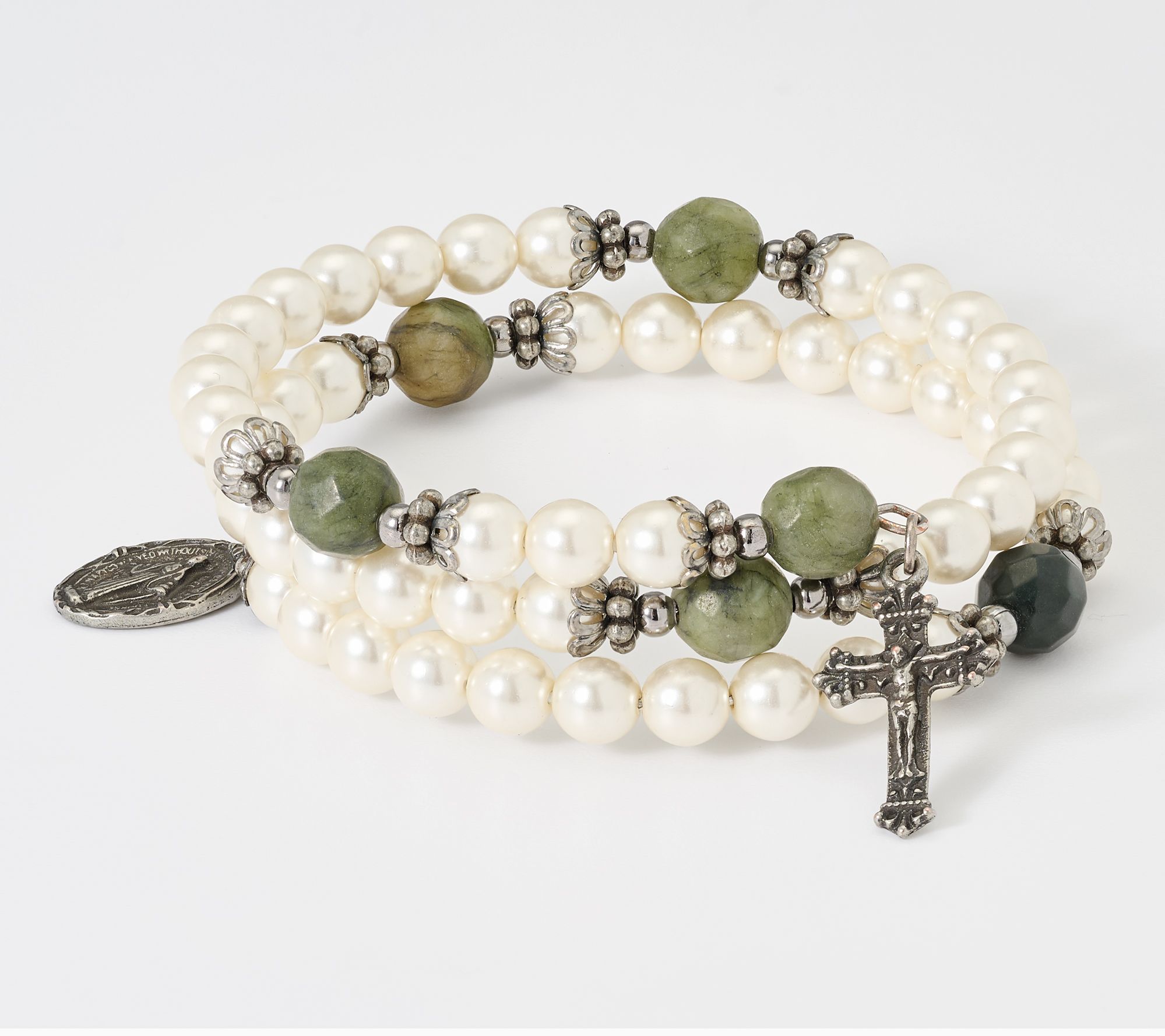 Connemara Marble Faux Pearl Coil Rosary Bracelet