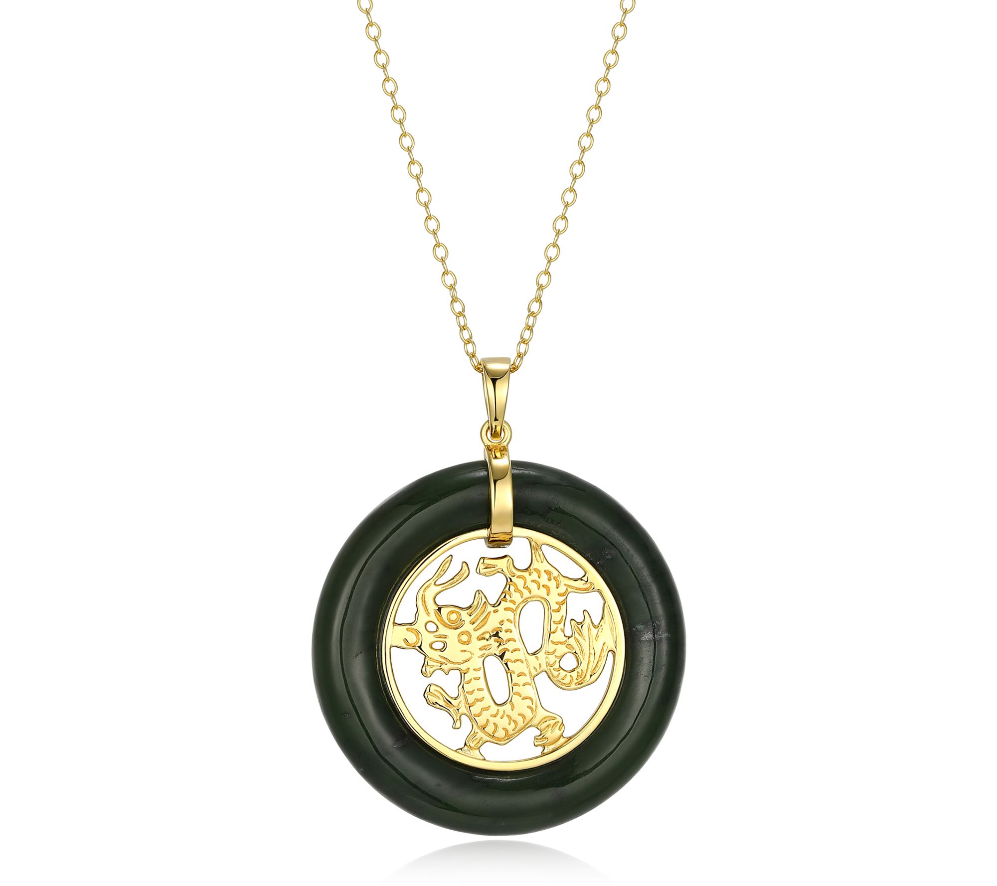 Dynasty Jade Dragon Pendant w/ Chain, 18K GoldPlated