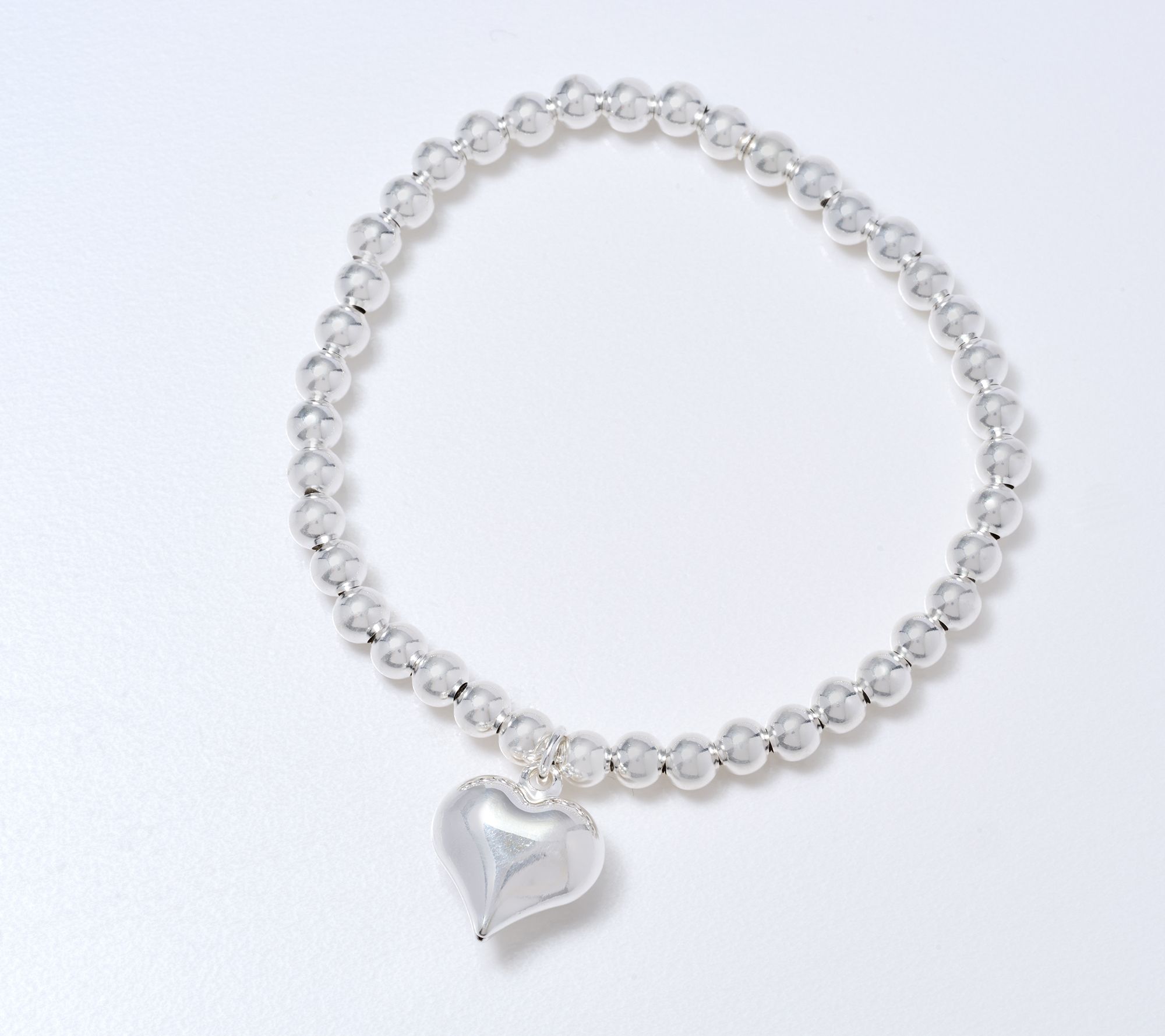 Ultrafine 950 Silver Beaded Stretch Bracelet w/ Heart Pendant