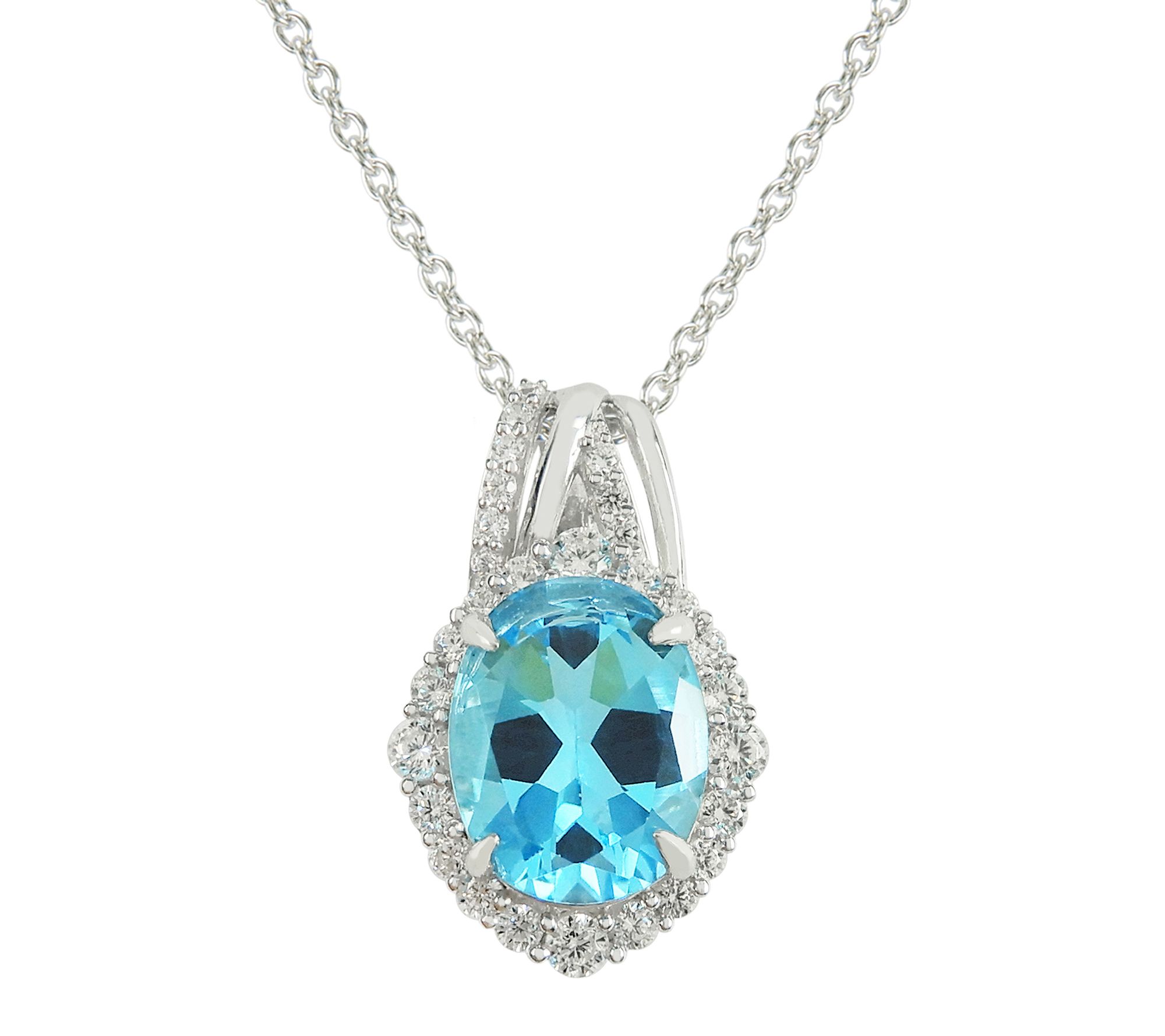 Diamonique Swiss Blue Topaz Halo Pendant w/ Chain, Sterling