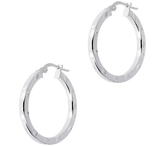 Italian Silver Polished Diamond Cut 1" Round Hoop Earrings