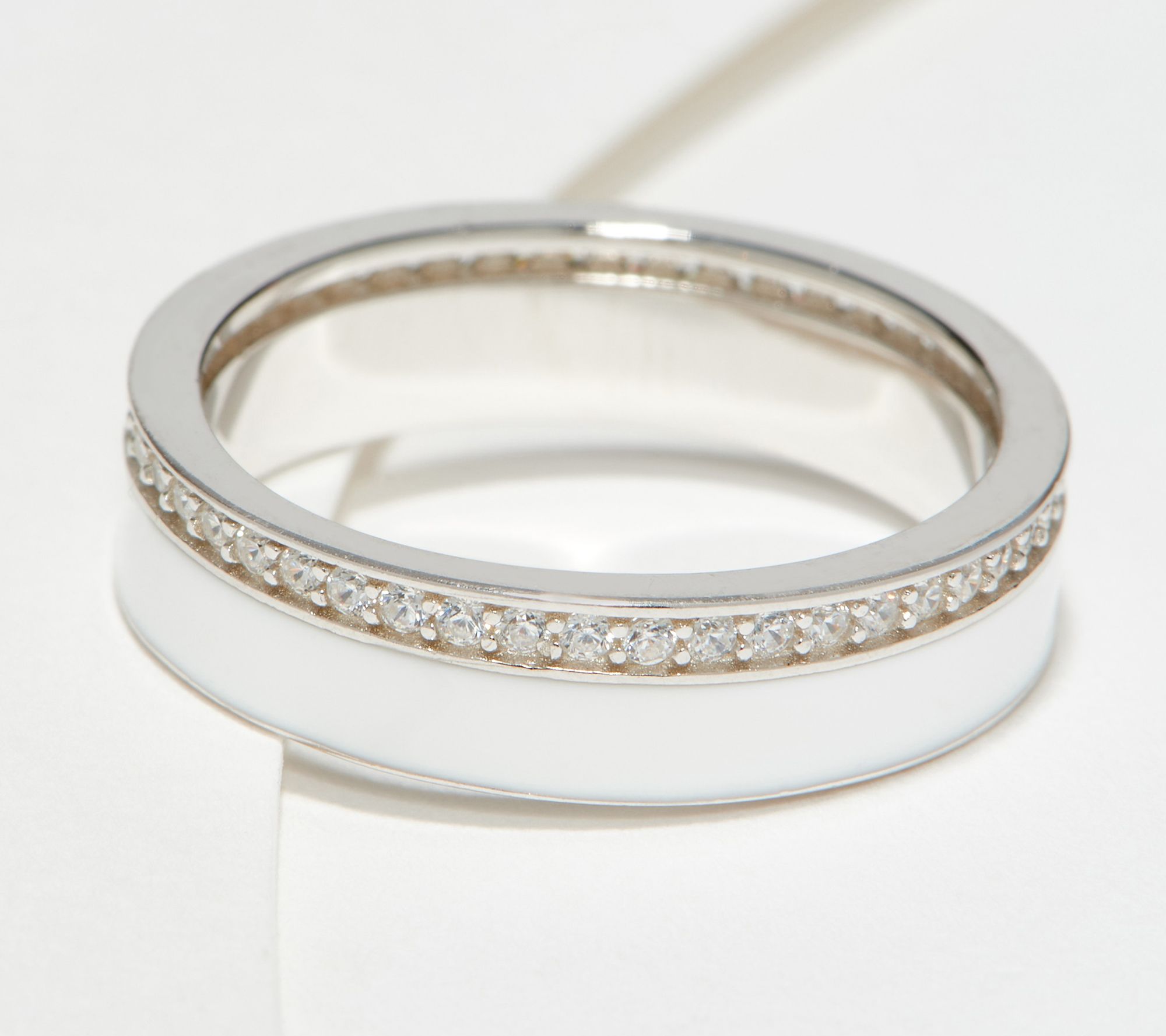 "As Is" Diamonique White Enamel and Pave Double Band Ring,Sterl