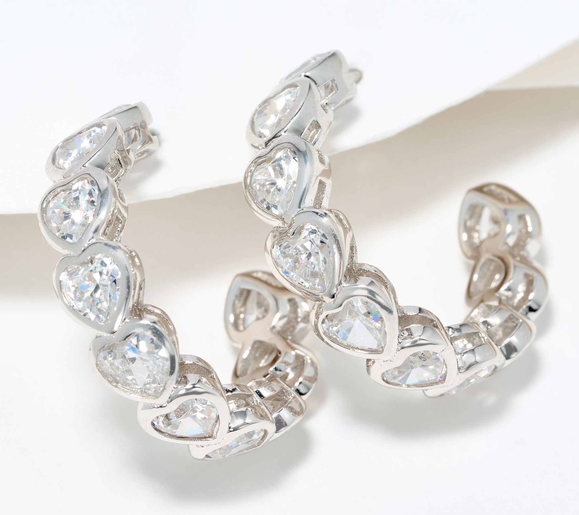 Diamonique Bezel Set Heart Hoop Earrings, Sterling Silver