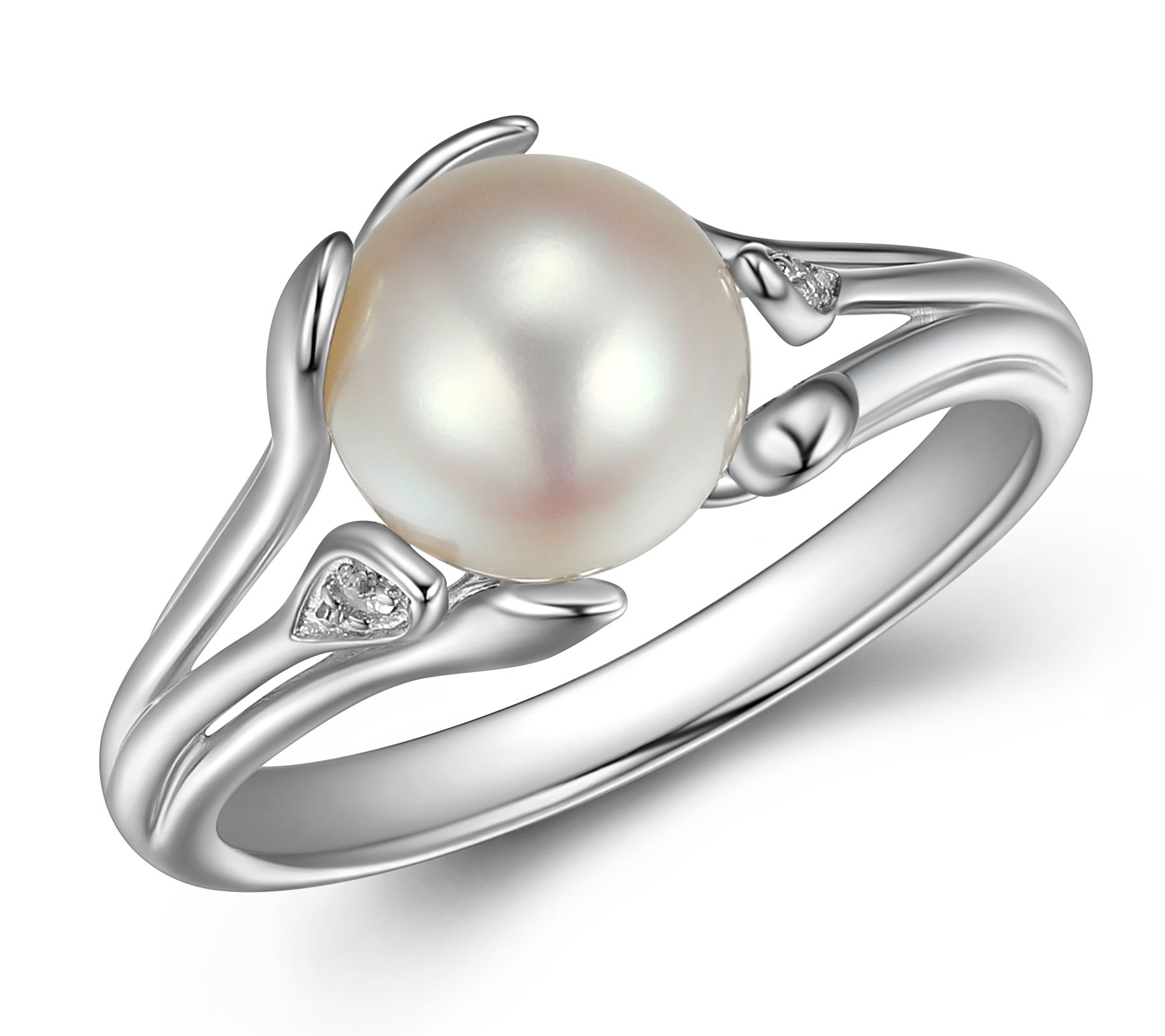 Diamonique Leafy Cultured Pearl Ring, Sterling Silver