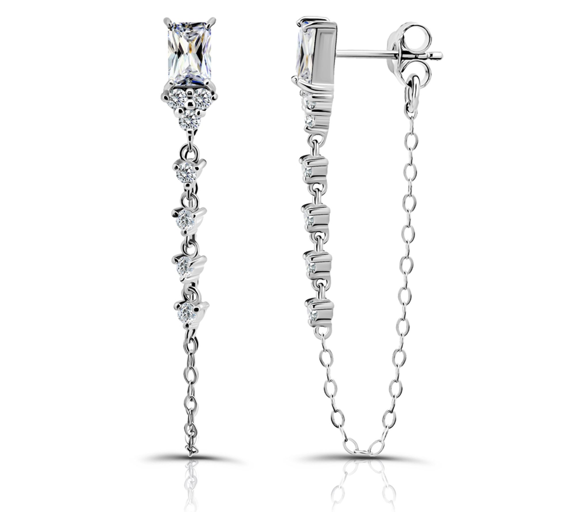Diamonique 2.40 cttw Baguette Chain Earrings, Sterling Silver