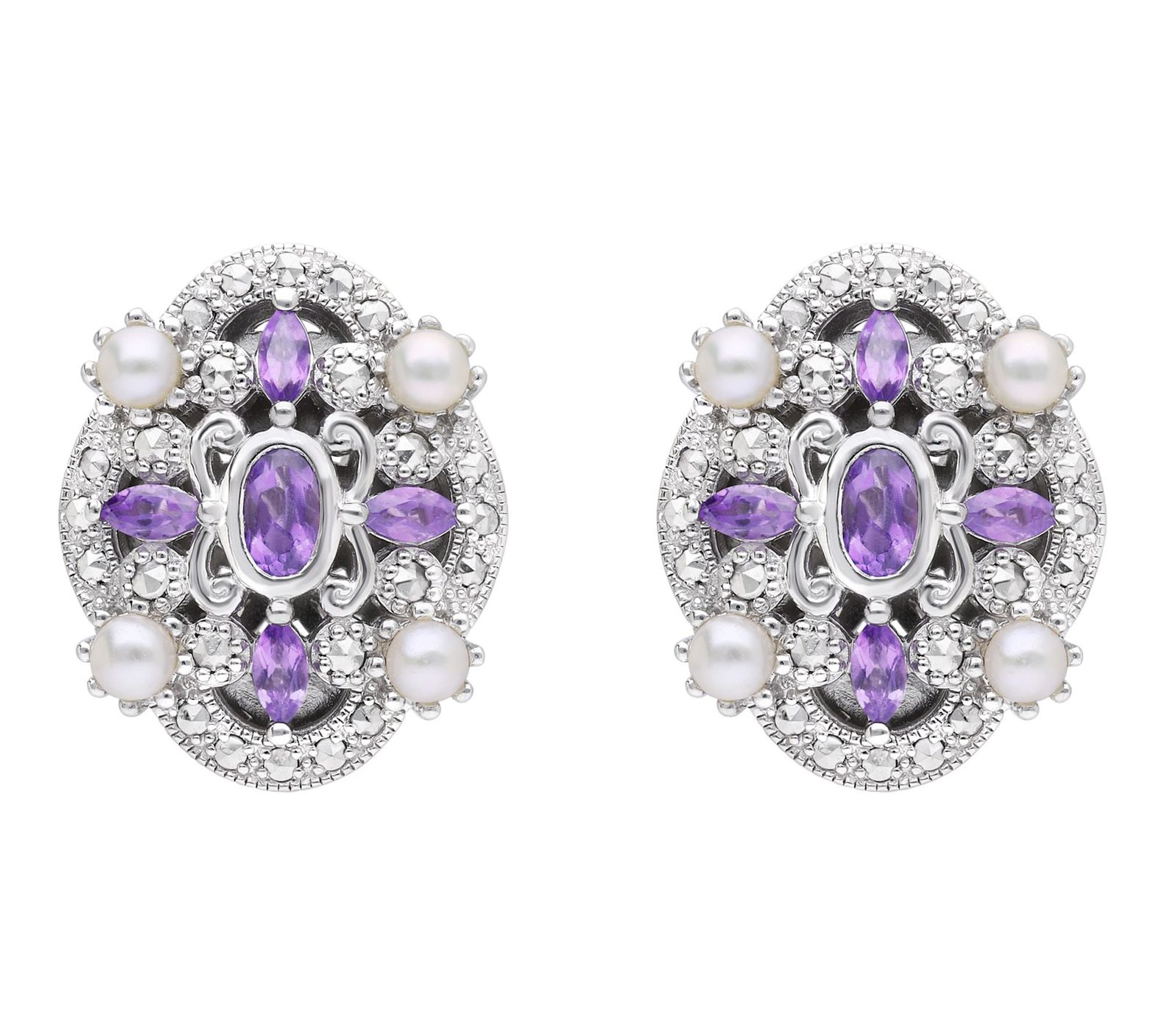 Dallas Prince Chrome Marcasite, Pearl & Amethyst Earrings