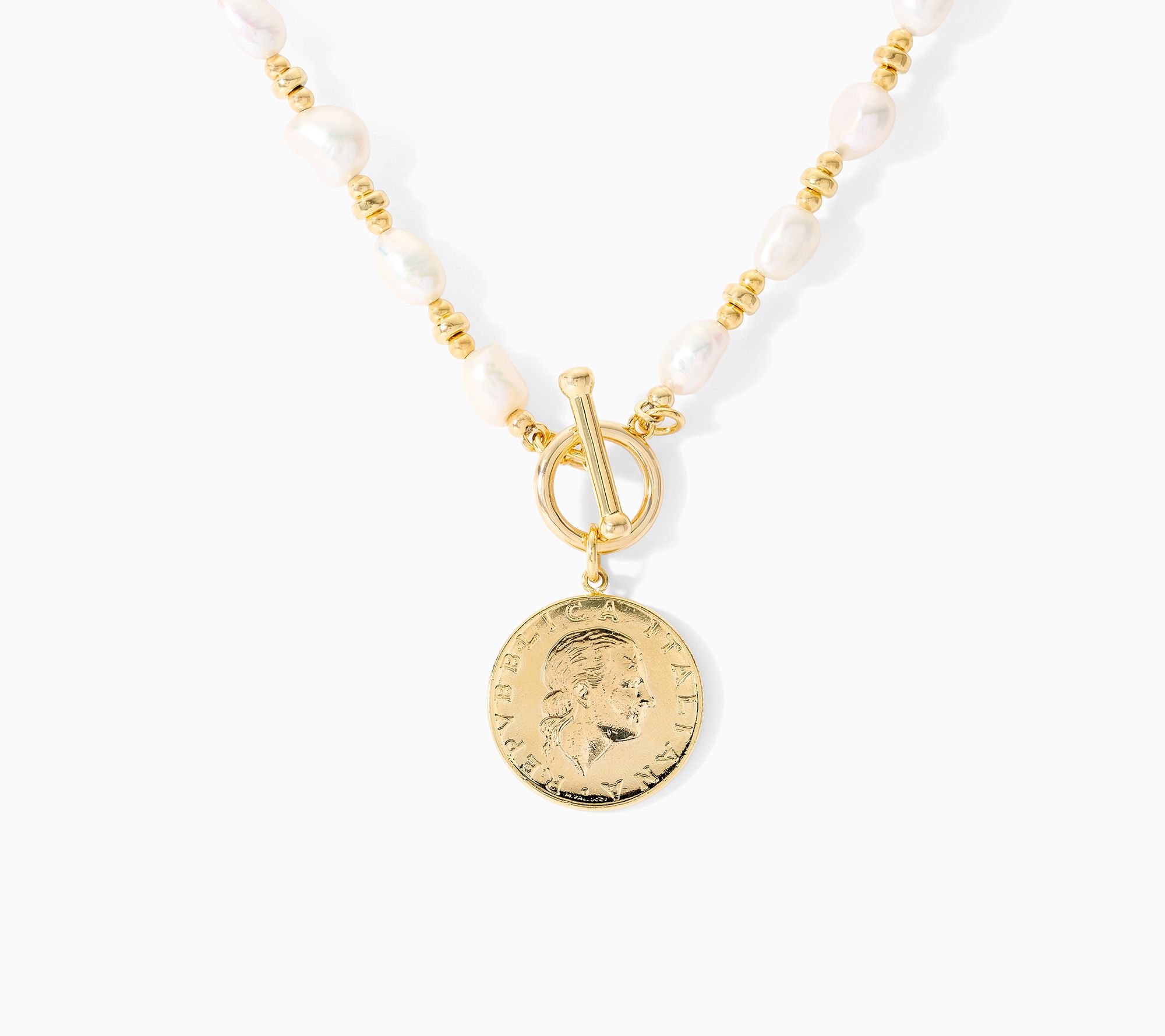 Honora Bronze T -BAR Pearl Necklace with Genuine Lira Coin