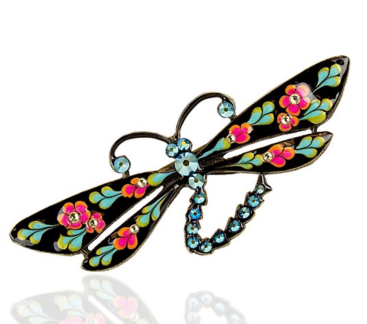 Anne Koplik Statement Floral Enamel Dragonfly Pin w/Crystals