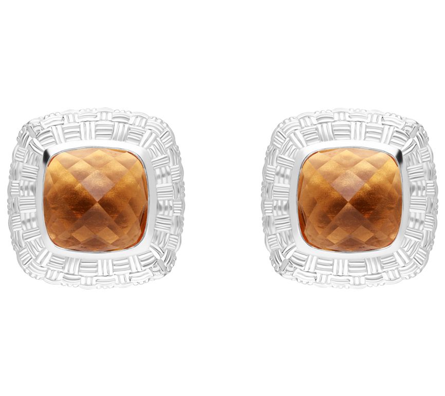 Ariva Sterling Silver Basket Weave Gemstone Button Earrings