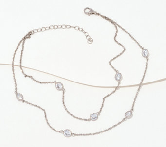 Diamonique Double Chain Station Anklet, Sterling Silver