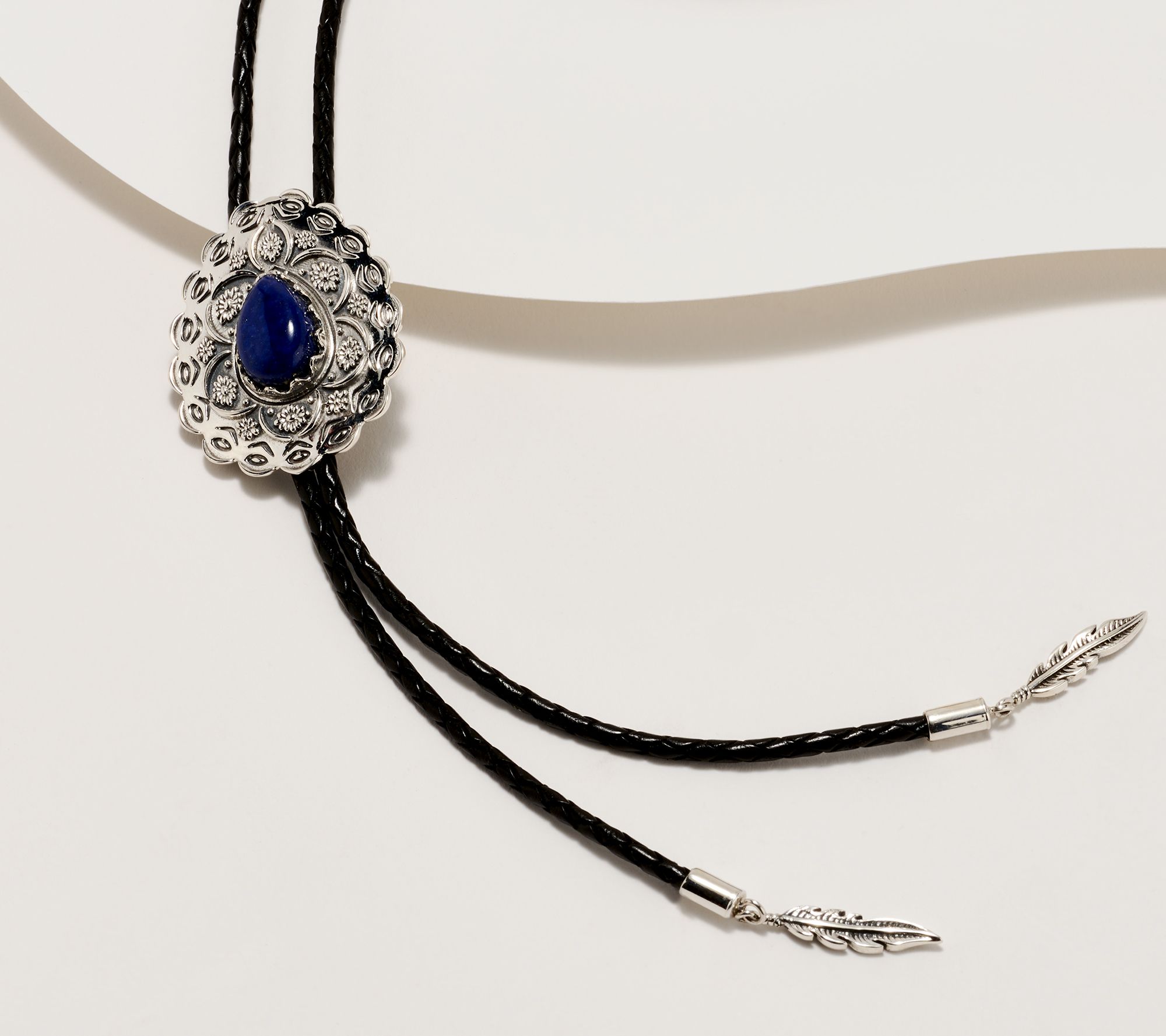 American West Sterling & Braided Leather Gemstone Concha Bolo Necklace