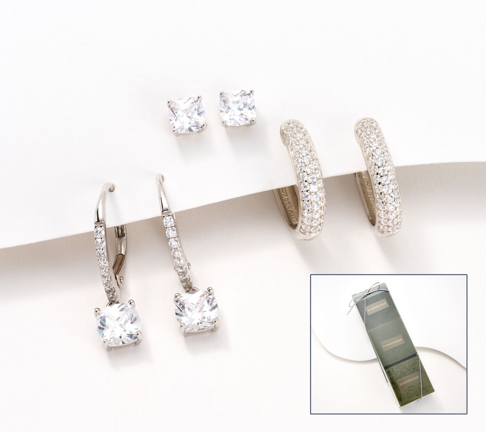 "As Is" Diamonique Set-3 Earrings in Gift Boxes, Sterling