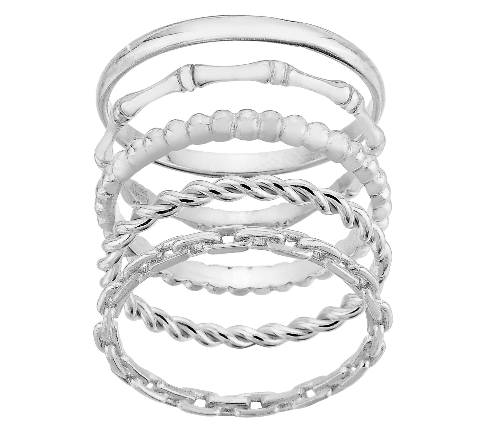Silver Style Polished Set of 5 Stackable Band Rings, Sterling
