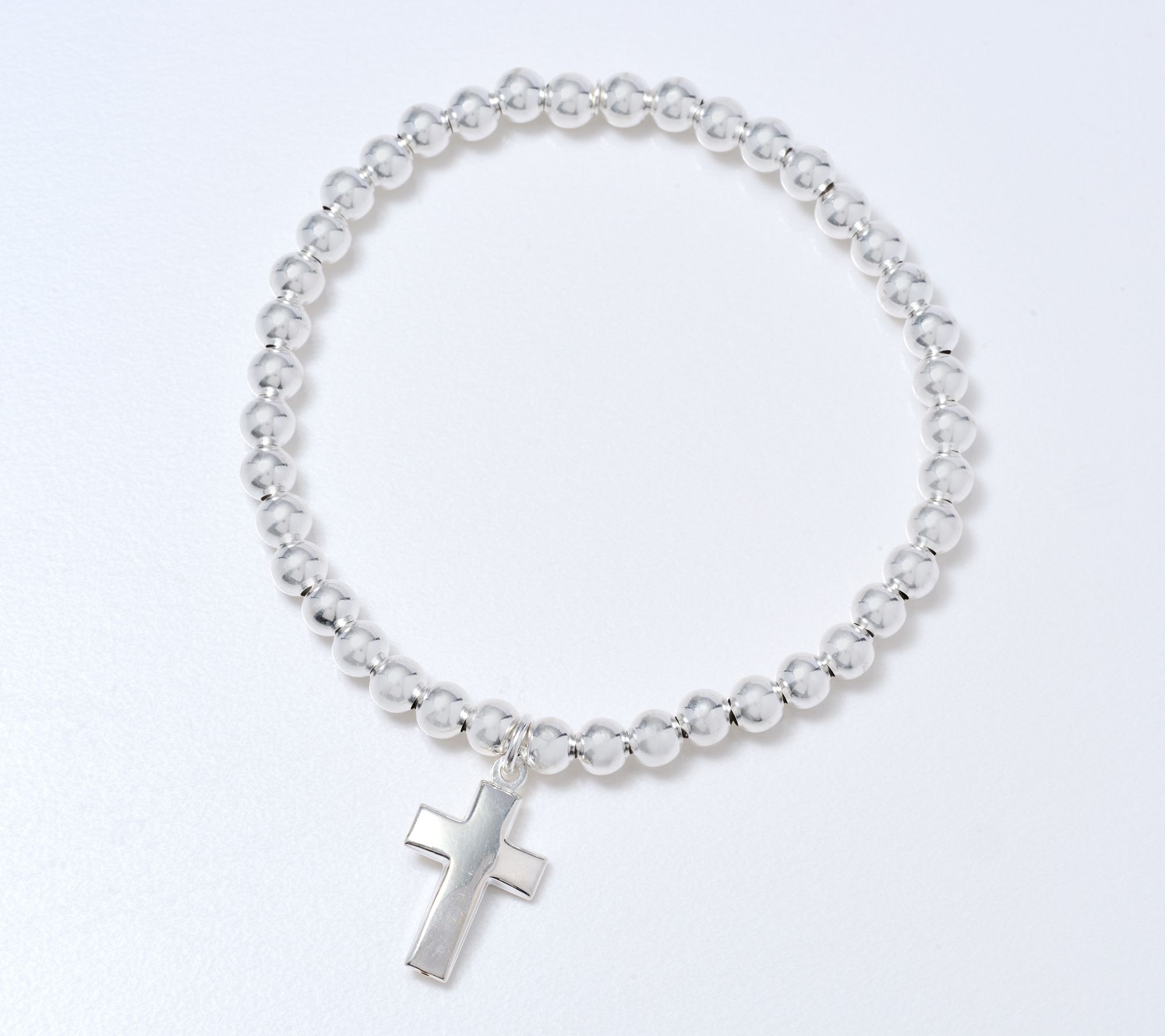 UltraFine 950 Silver Beaded Stretch Bracelet w/ Cross Pendant