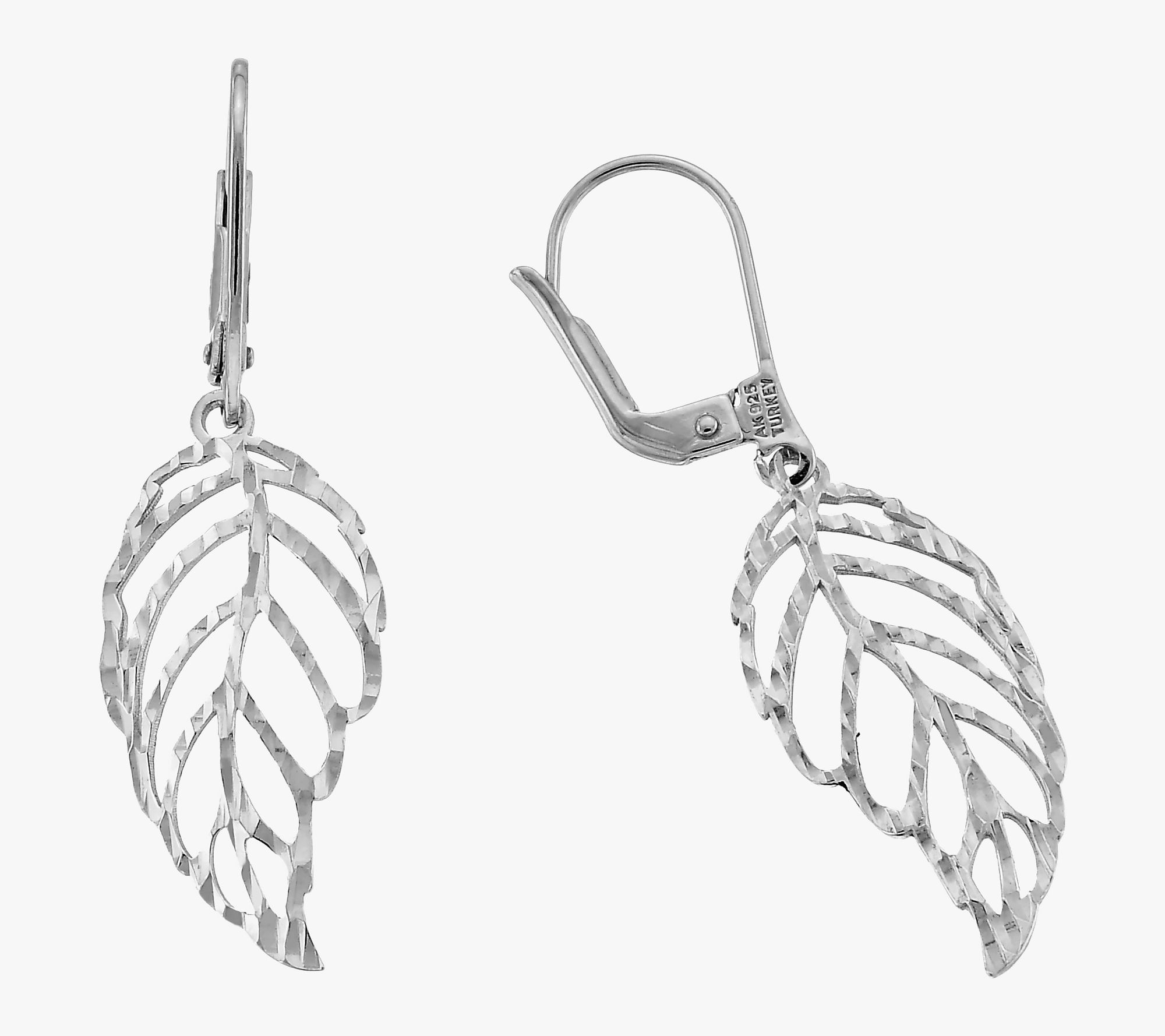 Silver Style Diamond Cut Leaf Design Earrings,Sterling