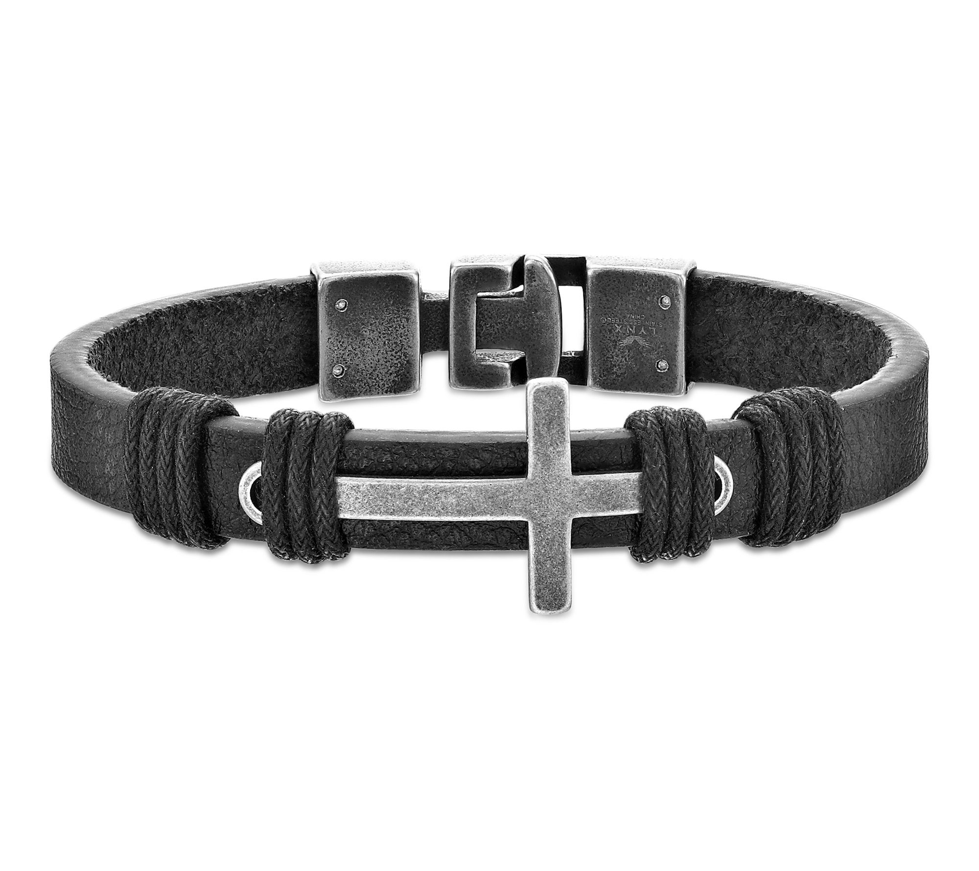 LYNX Men's Stainless Steel Cross Black LeatherBracelet