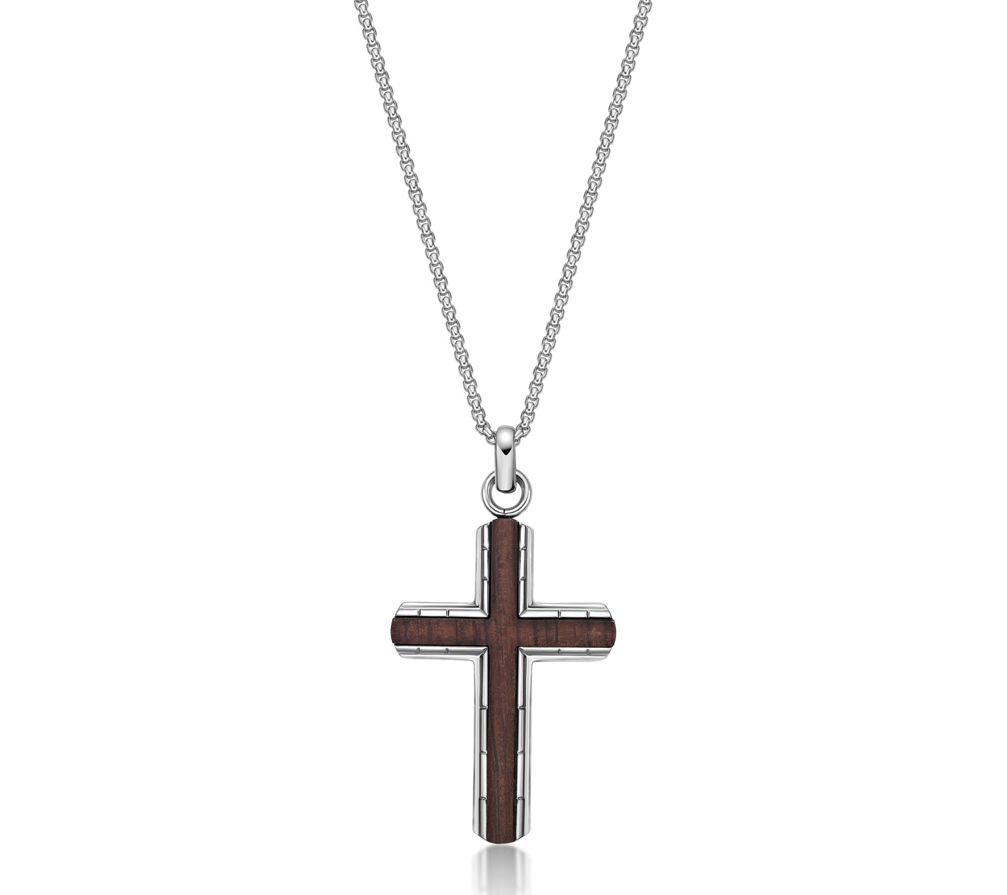 LYNX Men's Stainless Steel Wood Inlay Cross Pendant w/ Chain
