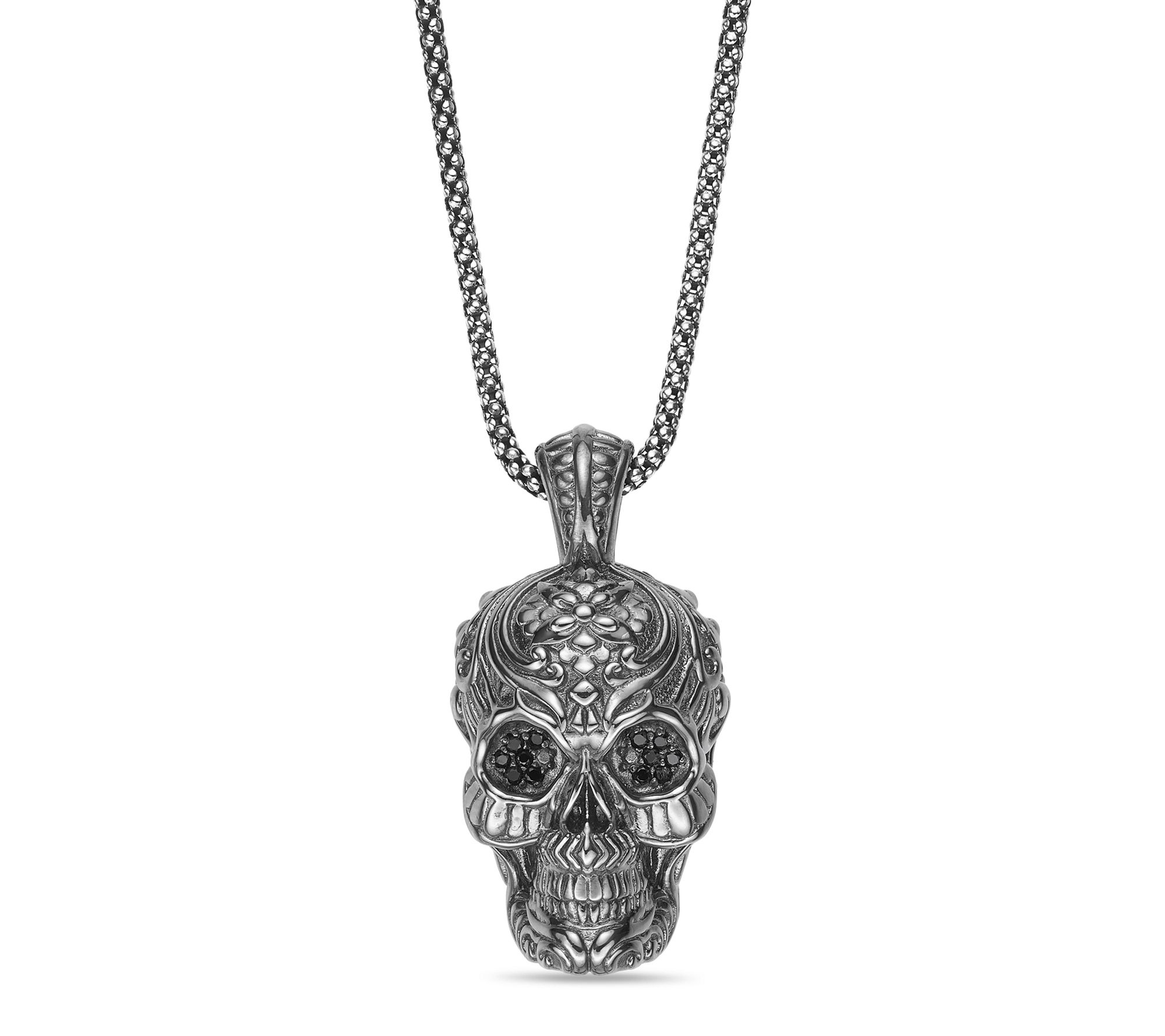 LYNX Men's Sterling Silver Black Spinel Skull Pendant w/ Chain