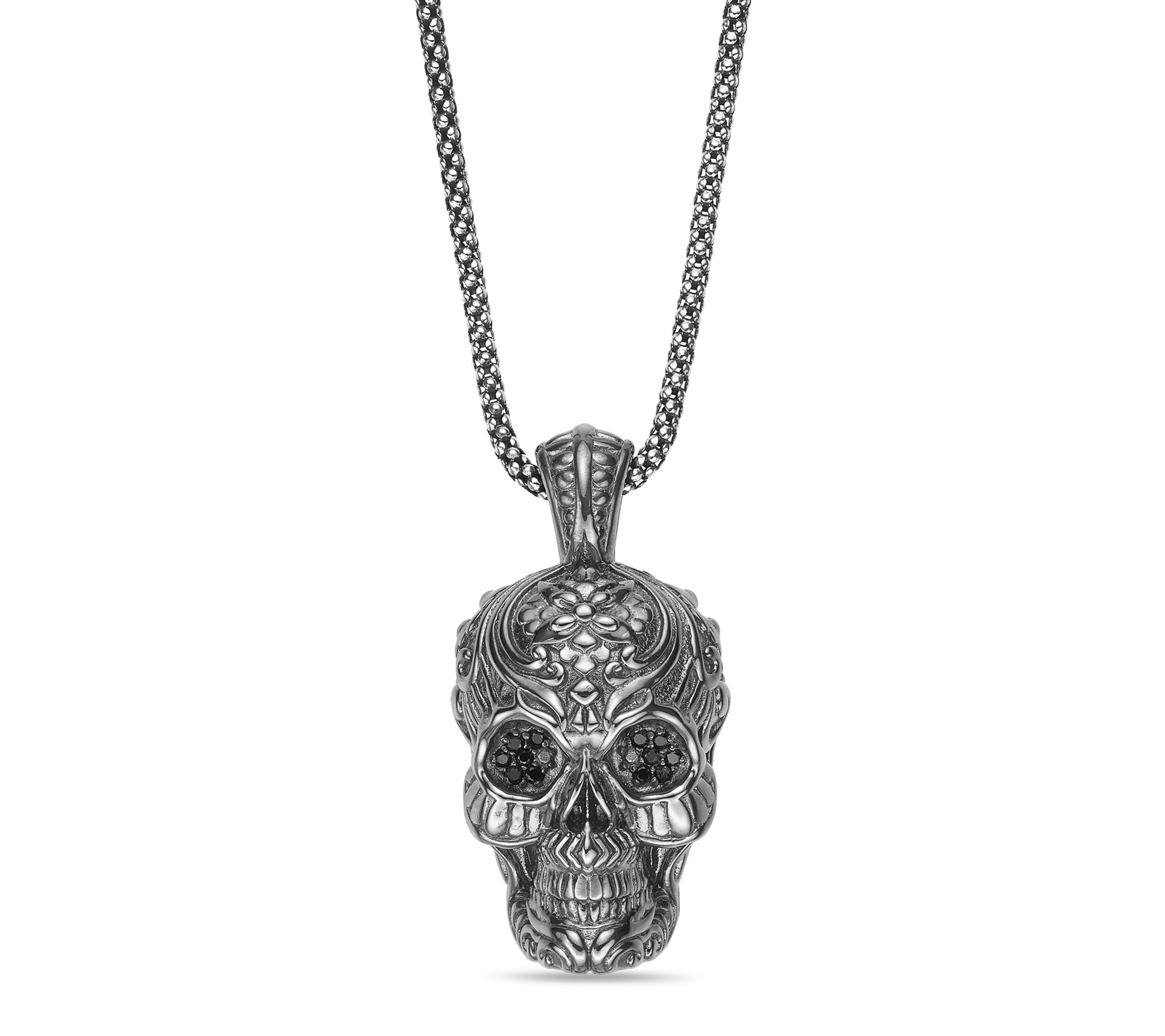 LYNX Men's Sterling Silver Black Spinel Skull Pendant w/ Chain