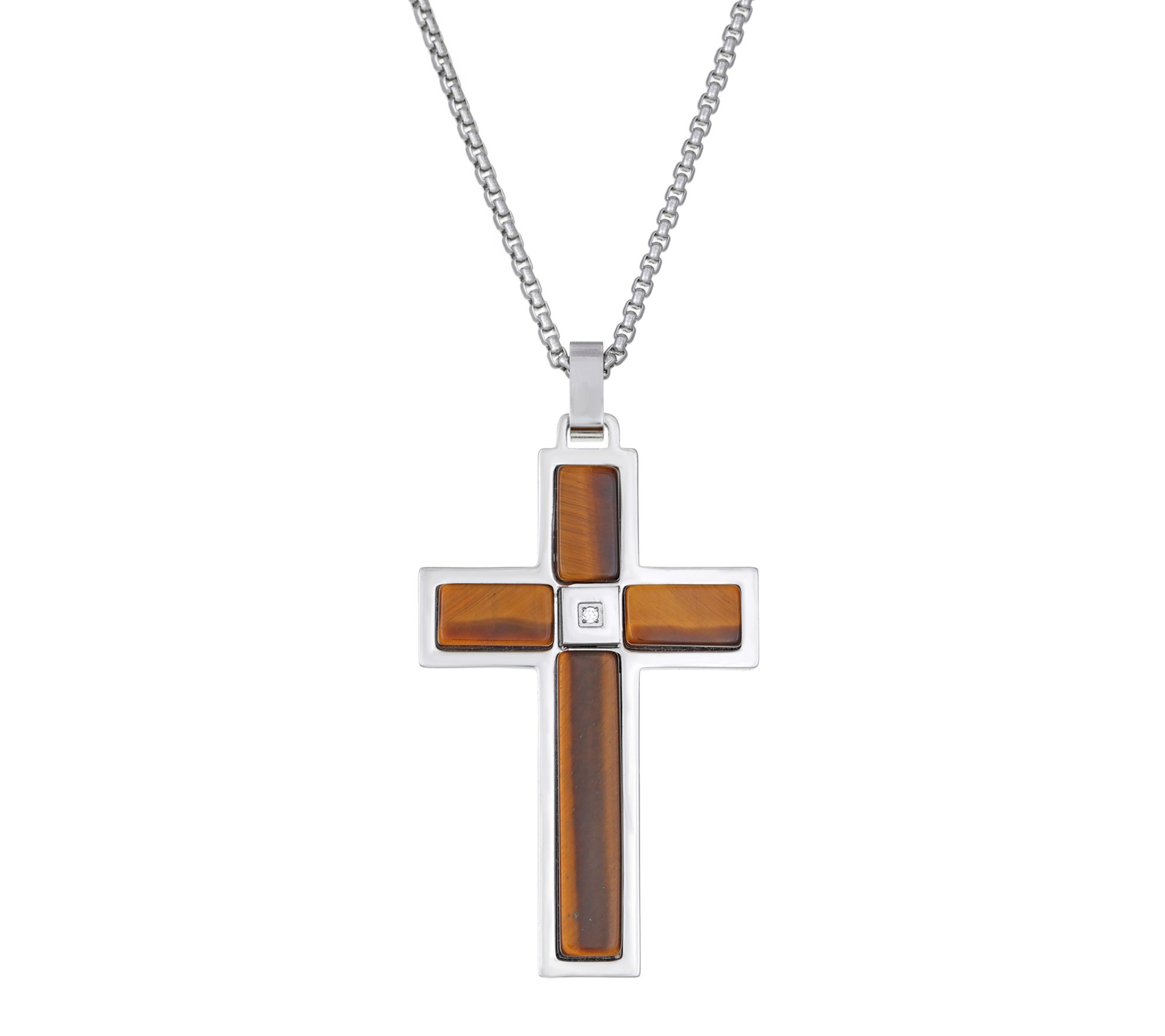 LYNX Men's Stainless Tiger's Eye & CZ Cross Pendant w/