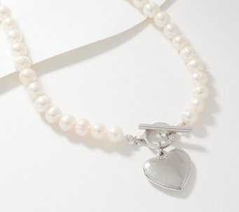 Affinity Cultured Pearl Toggle Necklace w/ Heart Charm, Sterling Silver - J405911