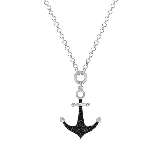 Men's Black Diamond Anchor Pendant w/ Chain, St erling Silver