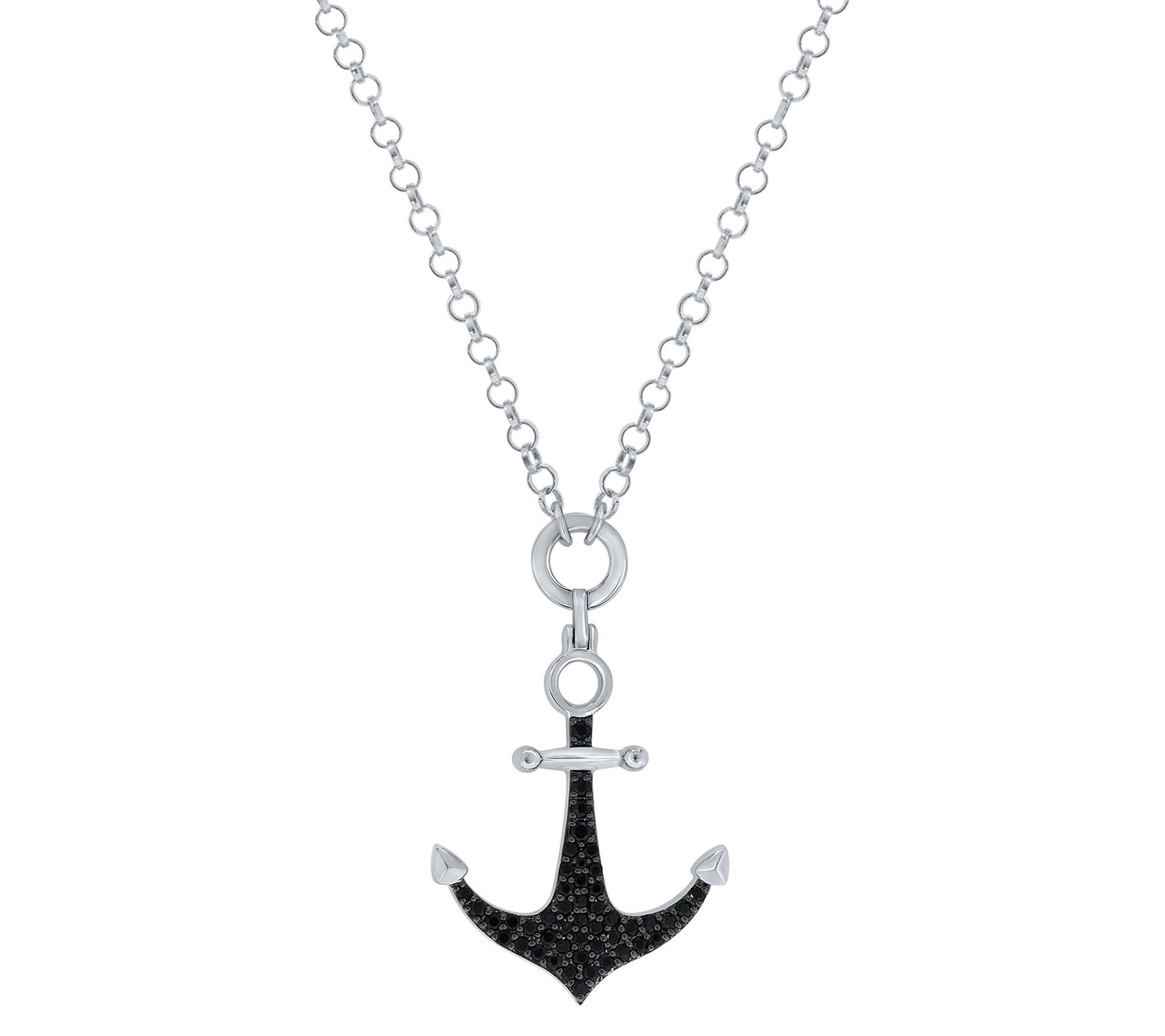 Men's Black Diamond Anchor Pendant w/ Chain, St erling Silver