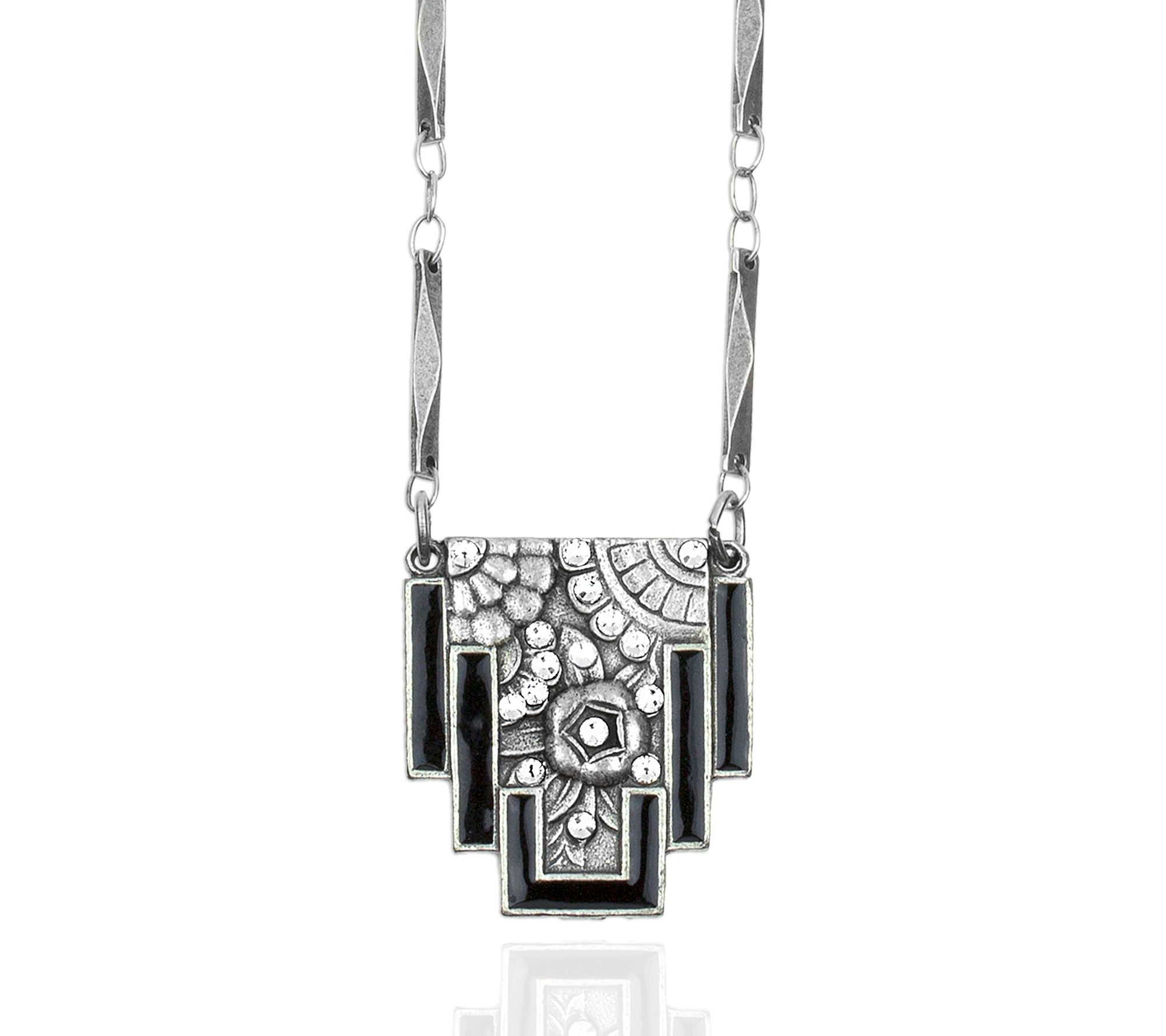 Anne Koplik Art Deco Black Enamel & Crystal Pendant w/ Chain