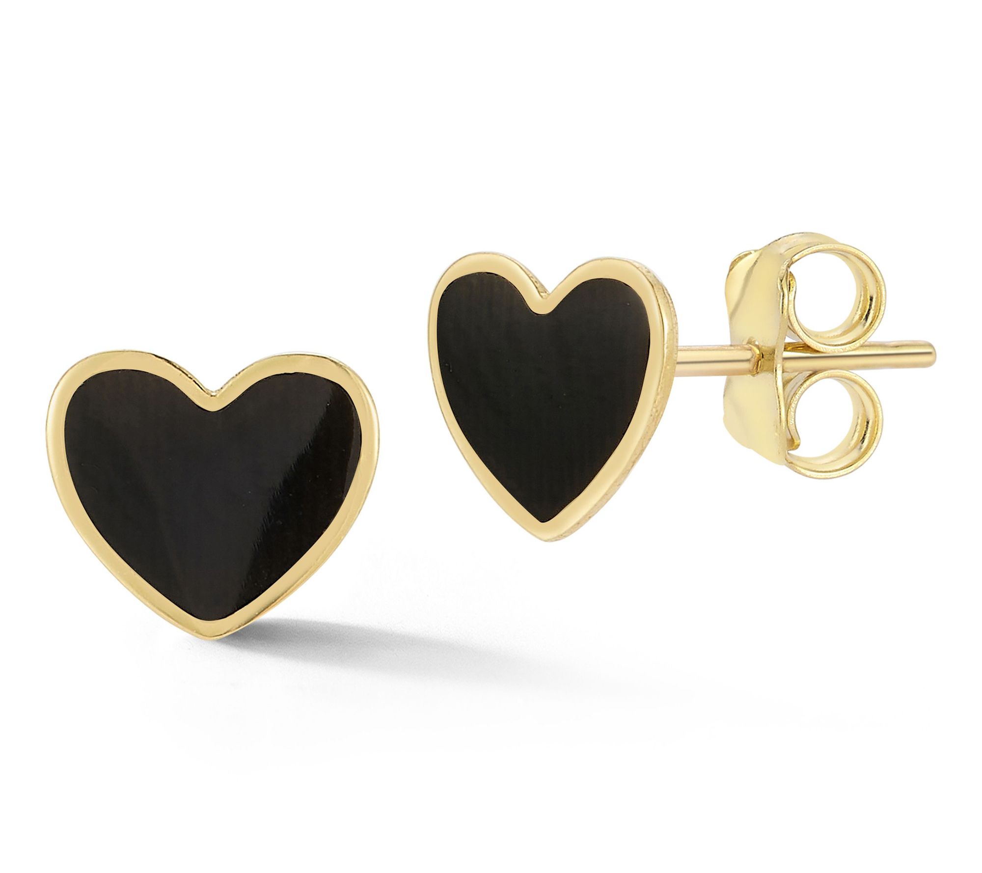 Luminosa Gold Flat Black Enamel Heart Stud Earrings, 14K