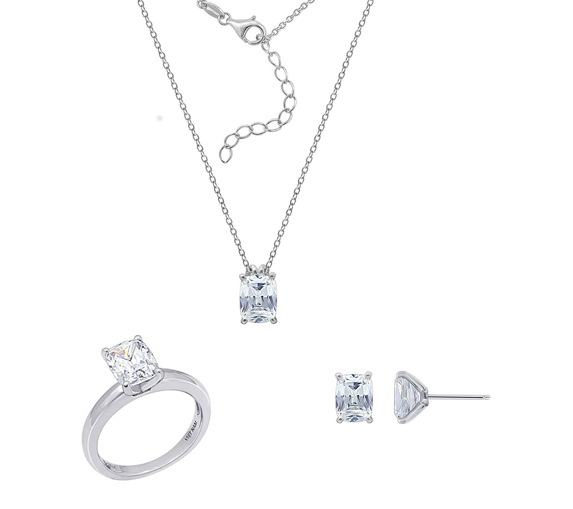 Diamonique Emerald Cut Necklace, Earrings & Ring Set, Sterling