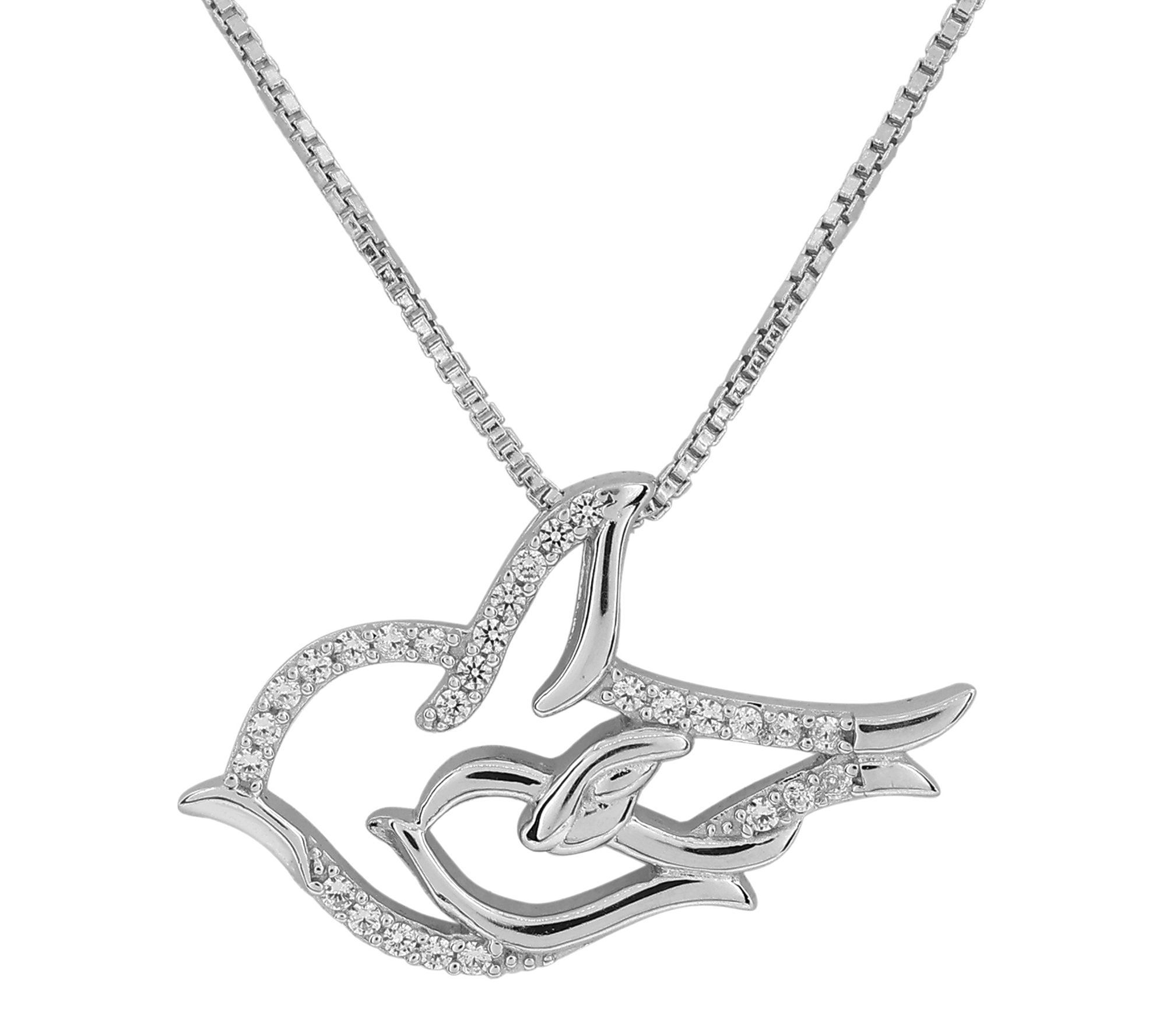 Diamonique Double Dove Pendant w/ Chain, Sterling Silver
