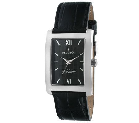 Peugeot Men's Silvertone Black Leather Strap Watch