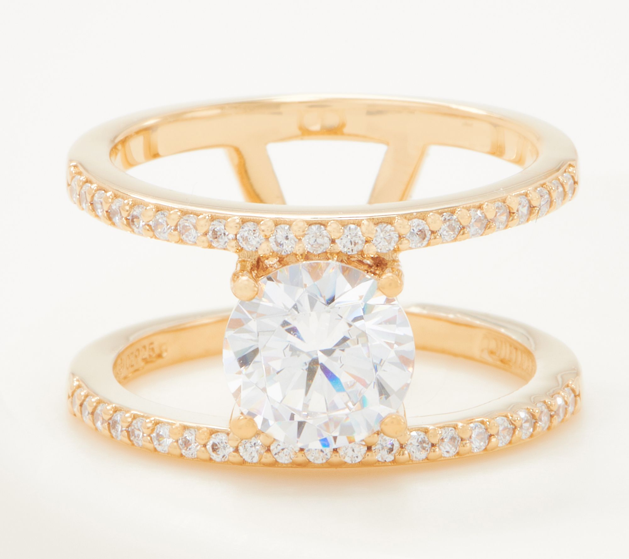 Diamonique Double Band Ring with Center Stone, Sterling Silver