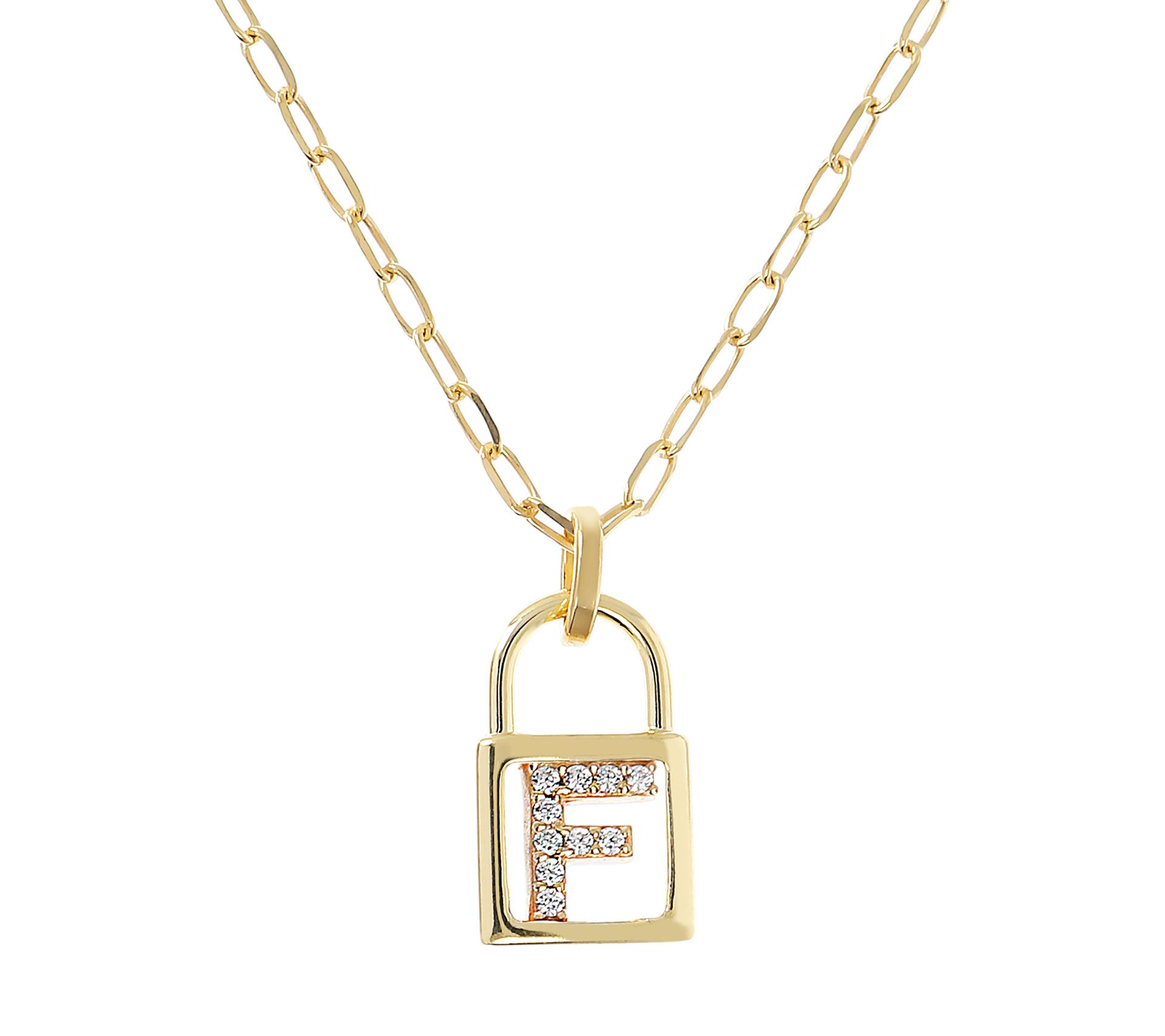 Diamonique Init ial Lock Pendan t w/ Paperclip Chain , 14K Cla