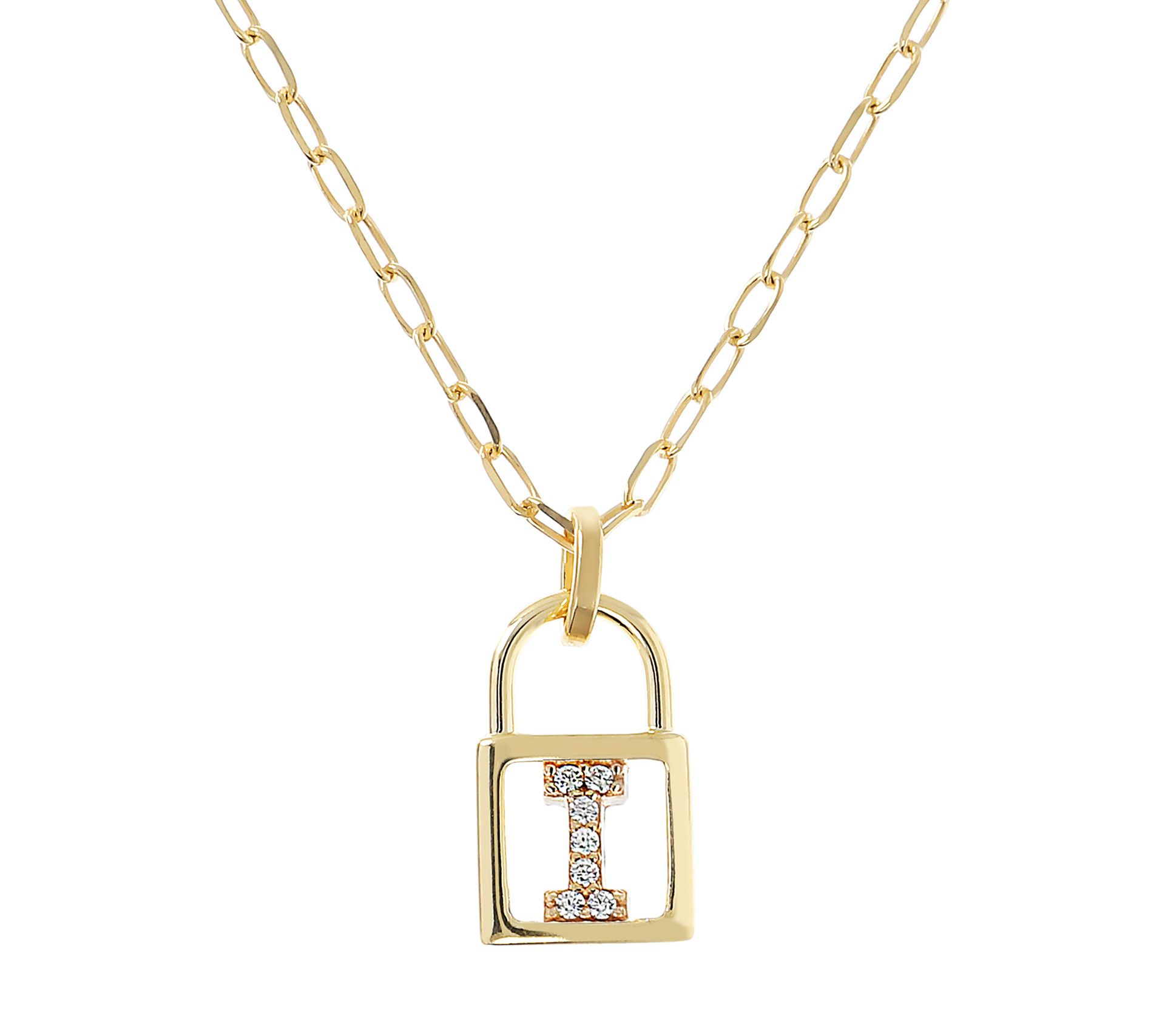 Diamonique Init ial Lock Pendan t w/ Paperclip Chain , 14K Cla
