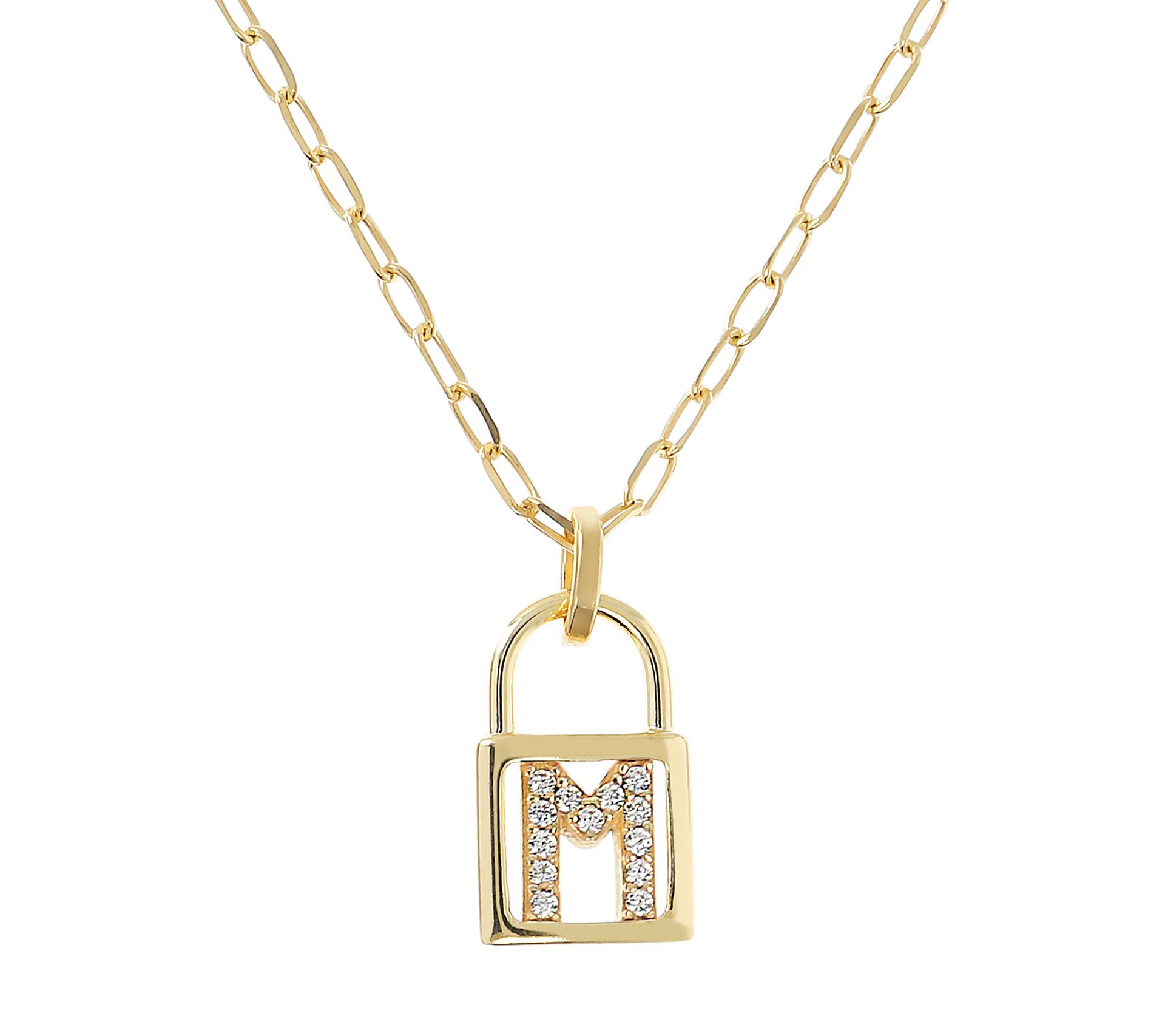 Diamonique Init ial Lock Pendan t w/ Paperclip Chain , 14K Cla