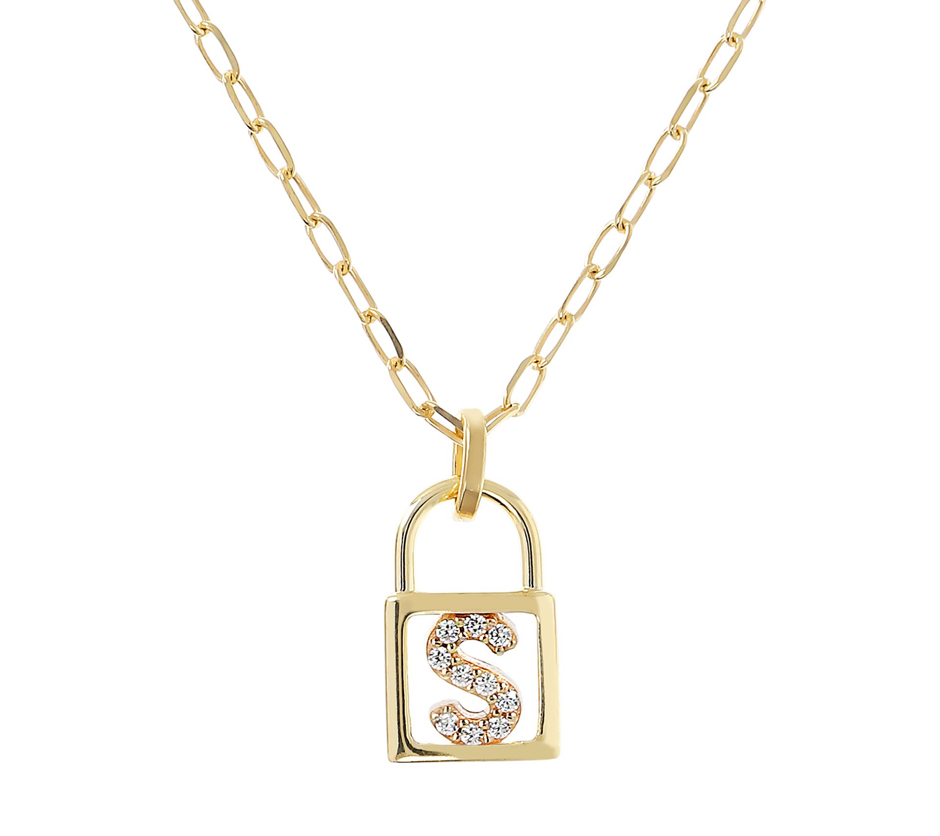 Diamonique Init ial Lock Pendan t w/ Paperclip Chain , 14K Cla