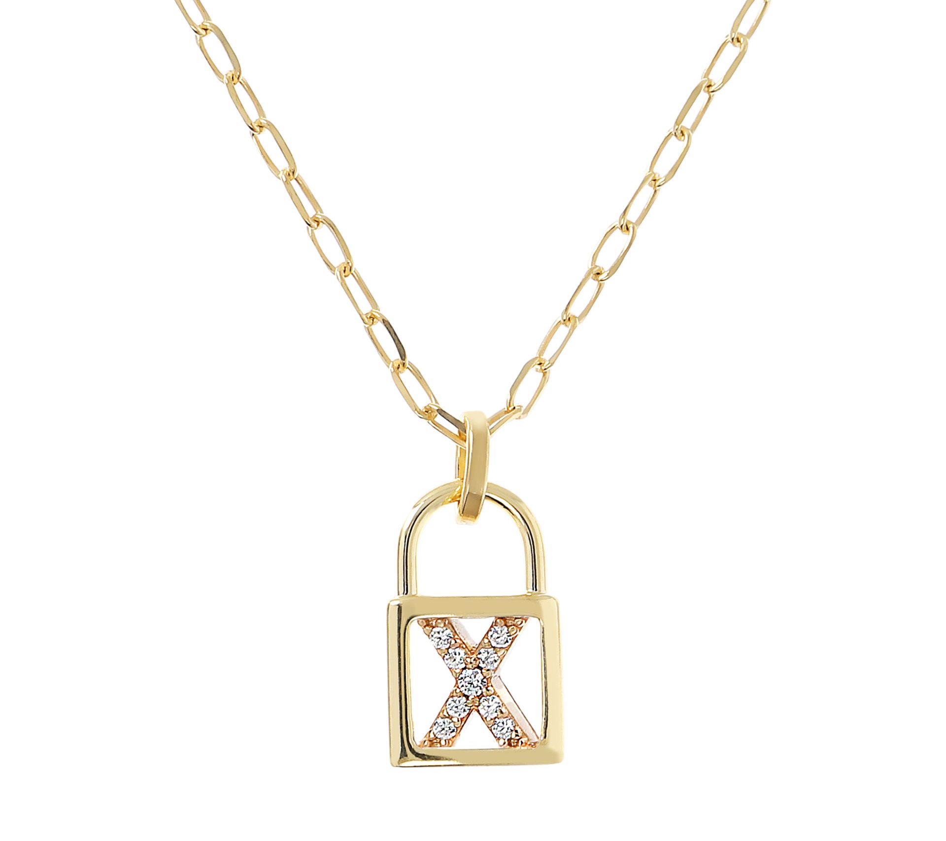 Diamonique Init ial Lock Pendan t w/ Paperclip Chain , 14K Cla