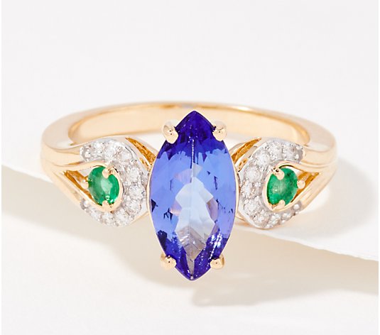 Affinity Gems Tanzanite, Emerald and Diamond Ring, 14K Gold